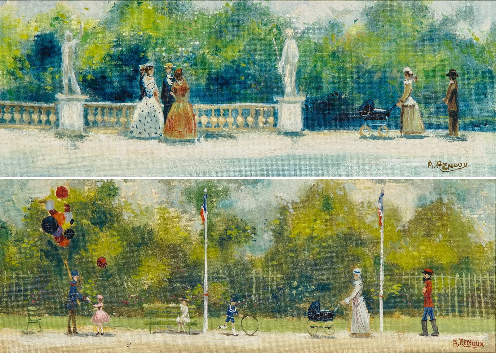 André Renoux: Algerian/French, 1939-2002 Cityside Stroll; a pair Each signed A. Renoux (lr) Oil on canvas Each 5 1/2 x 14 inches (14 x 35.6 cm) (Frame 10 5/8 x 19 1/4 inches)