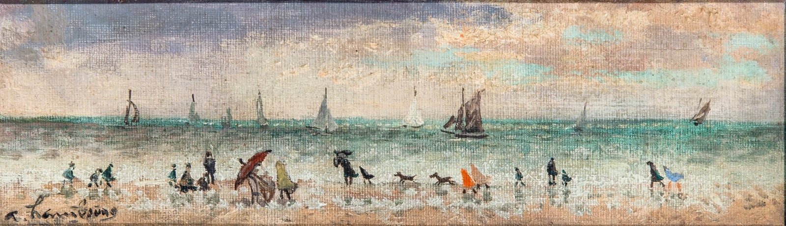 Andre Hambourg: French, 1909-1999 Plage, 1961 Signed A. Hambourg (ll); dated 1961 and inscribed as titled on the stretcher bar Oil on canvas 3 x 9 1/2 inches (Frame 6 1/2 x 12 5/8 inches) Surface soiling and minor