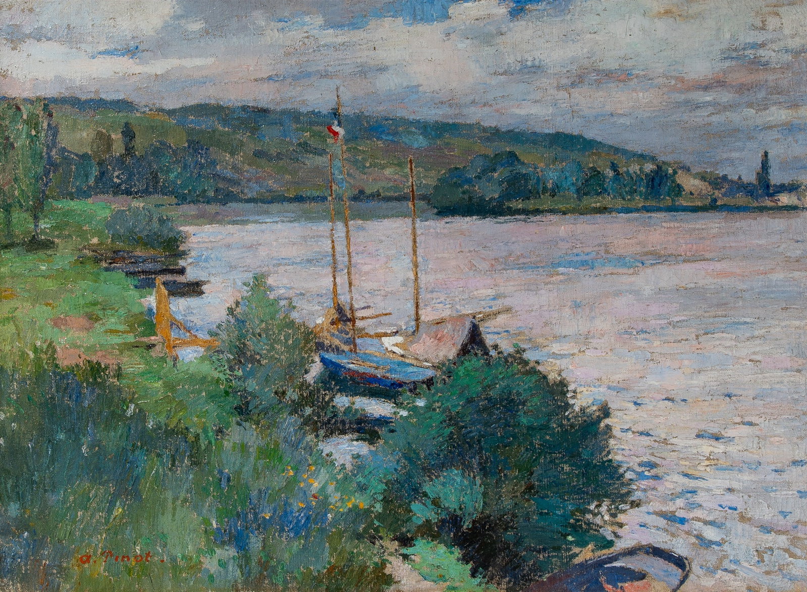Albert Pinot: Belgium, 1875-1962 Sailboat at Shore Signed A. Pinot. (ll) Oil on canvas 21 1/4 x 28 7/8 inches (54 x 73.3 cm) (Frame 31 x 38 1/2 inches)