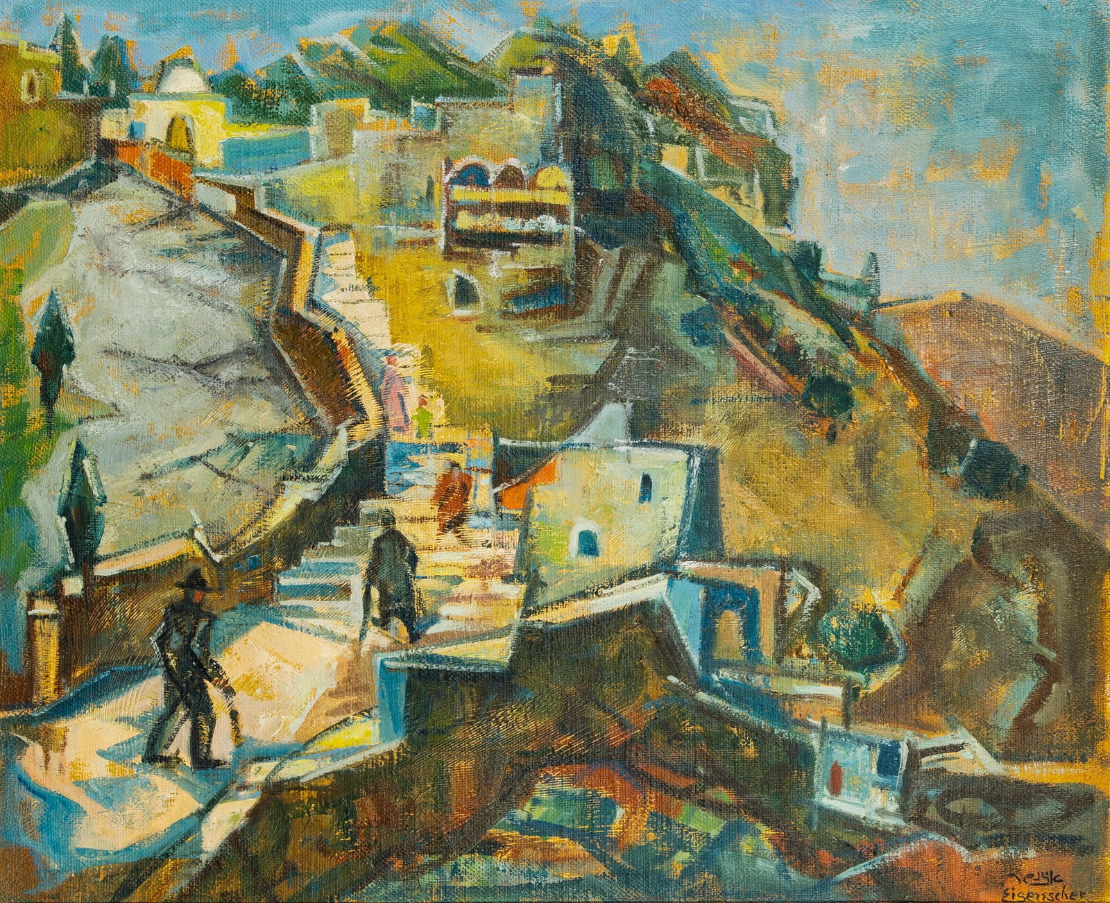 Jakob Eisenscher: Israeli, 1896-1980 Village on a Hillside Signed Eisenscher (lr) Oil on canvas 21 x 25 1/2 inches (Frame 27 5/8 x 32 1/2 inches)