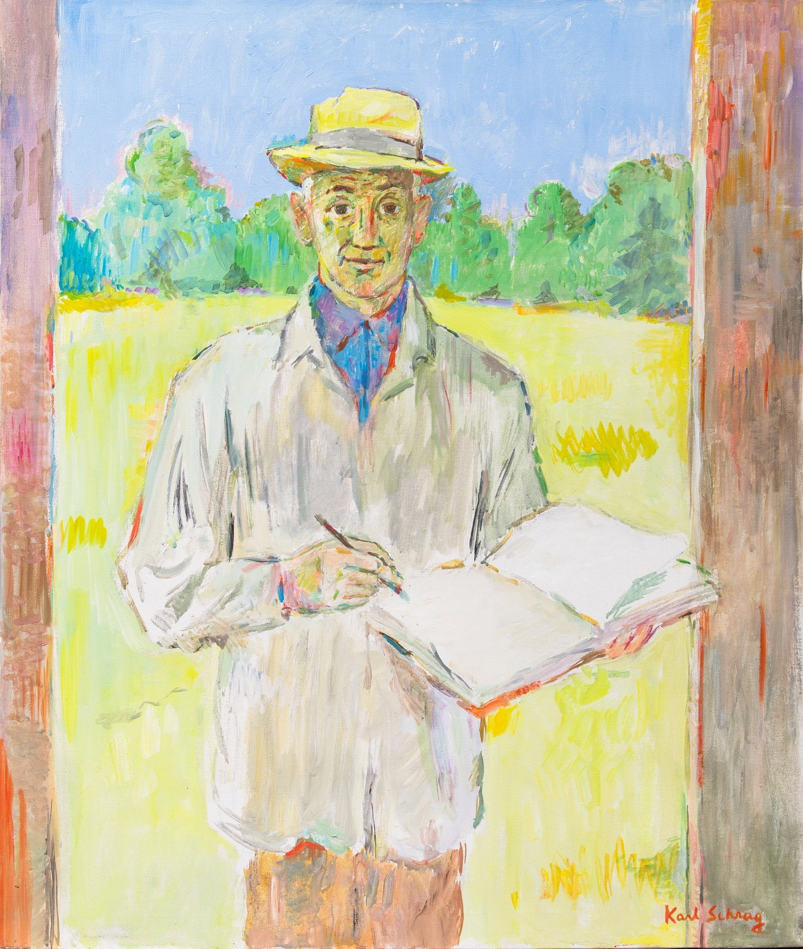Karl Schrag: American, 1912-1995 Artist and Sunny Field Signed Karl Schrag (lr) Oil on canvas 40 x 34 inches (101.6 x 86.4 cm) Provenance: Kraushaar Galleries, New York (Frame 41 3/4 x 35 3/4 inches)