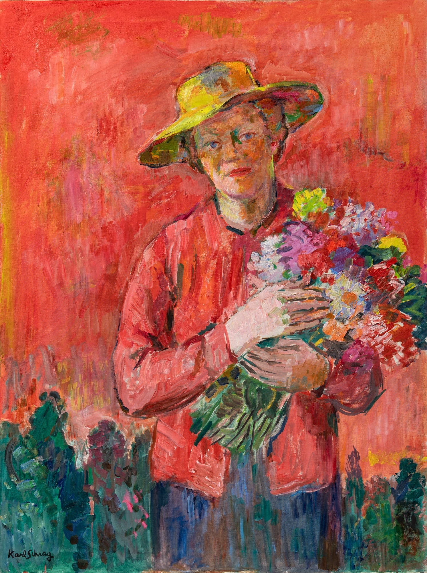 Karl Schrag: American, 1912-1995 The Painter’s Wife Signed Karl Schrag (ll) Oil on canvas 40 x 30 inches (101.6 x 76.2 cm) Provenance: Kraushaar Galleries, New York (Frame 41 3/4 x 31 3/4 inches) In overall