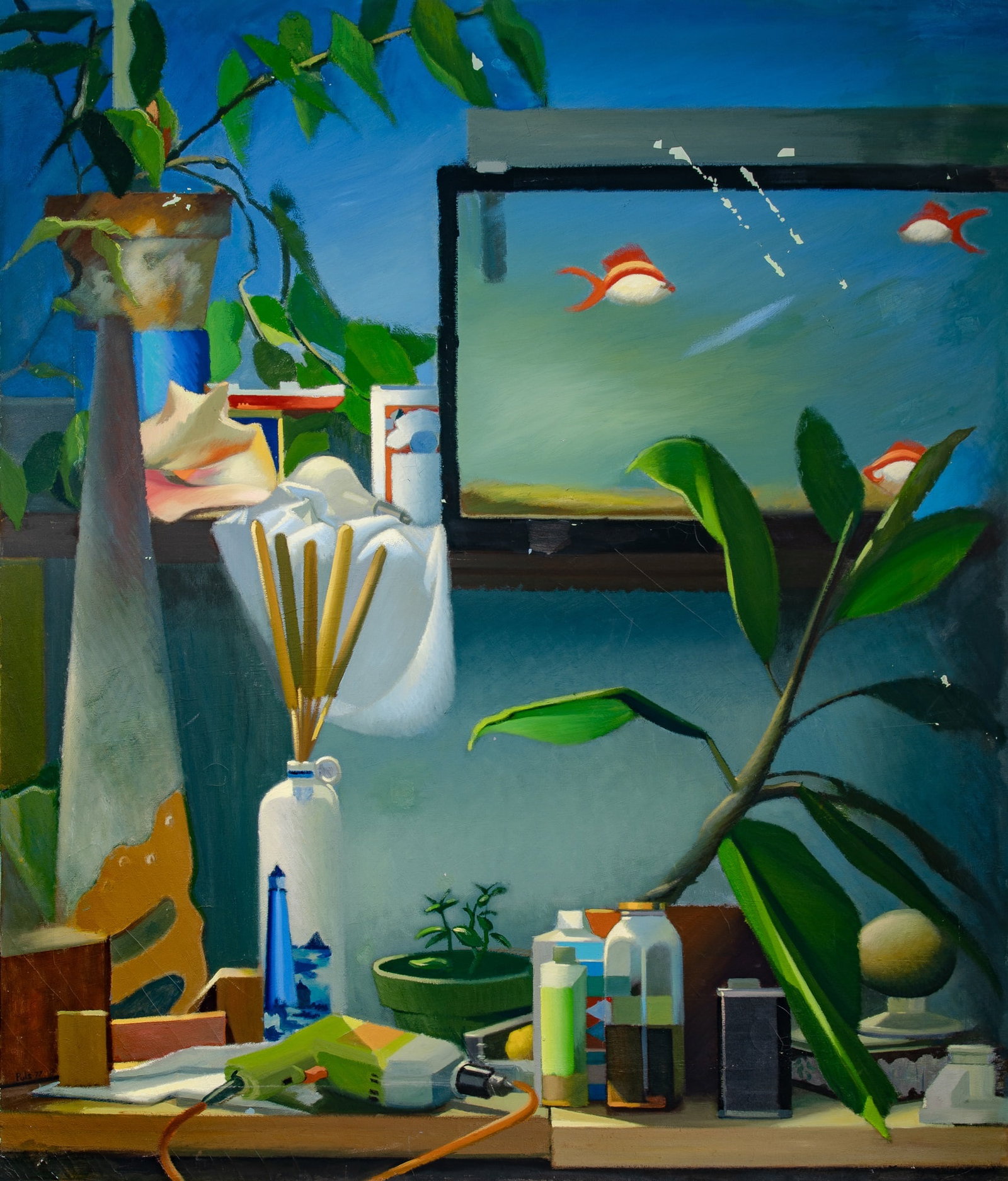 Ed Puls: American, 20th Century Submerged, 1977 Signed Puls 77 (lr); inscribed as titled and dated 1976-77 on the reverse Oil on canvas 58 x 49 3/8 inches (147.3 x 125.4 cm) (Frame 58 3/4 x 50 1/4 inches)