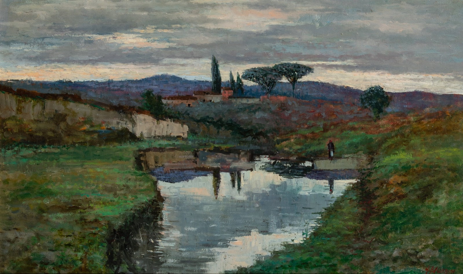 Ubaldo Ballerini: Italian, b. 1927 Cascine del Riccio, Firenze, 1984 Signed U. Ballerini (lr); inscribed as titled and dated on the reverse Oil on board 15 x 24 3/4 inches (Frame 20 3/8 x 30 1/2 inches)