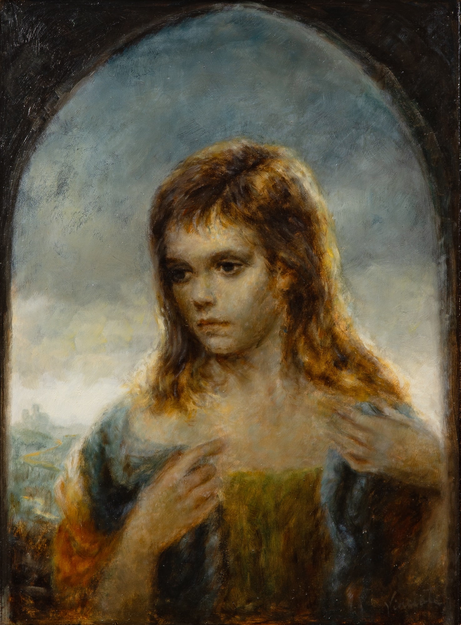 Joseph Wallace King (Vinciata): American, 1911-1996 Anna Maria Galli Signed Vinciata (lr); also signed and inscribed with the sitter's name on the backing of the enclosed frame Oil on panel Sight 15 3/4 x 11 3/4 inches 40 x 30 cm)