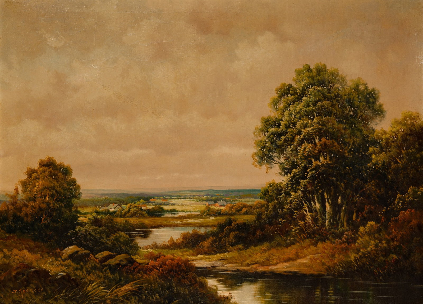 Augustus Spencer: British, 1860-1924 The English Countryside Signed a Spencer (ll) Oil on canvas 28 1/4 x 38 inches (71.8 x 96.5 cm) (Frame 33 3/4 x 43 1/2 inches) Darkened varnish.