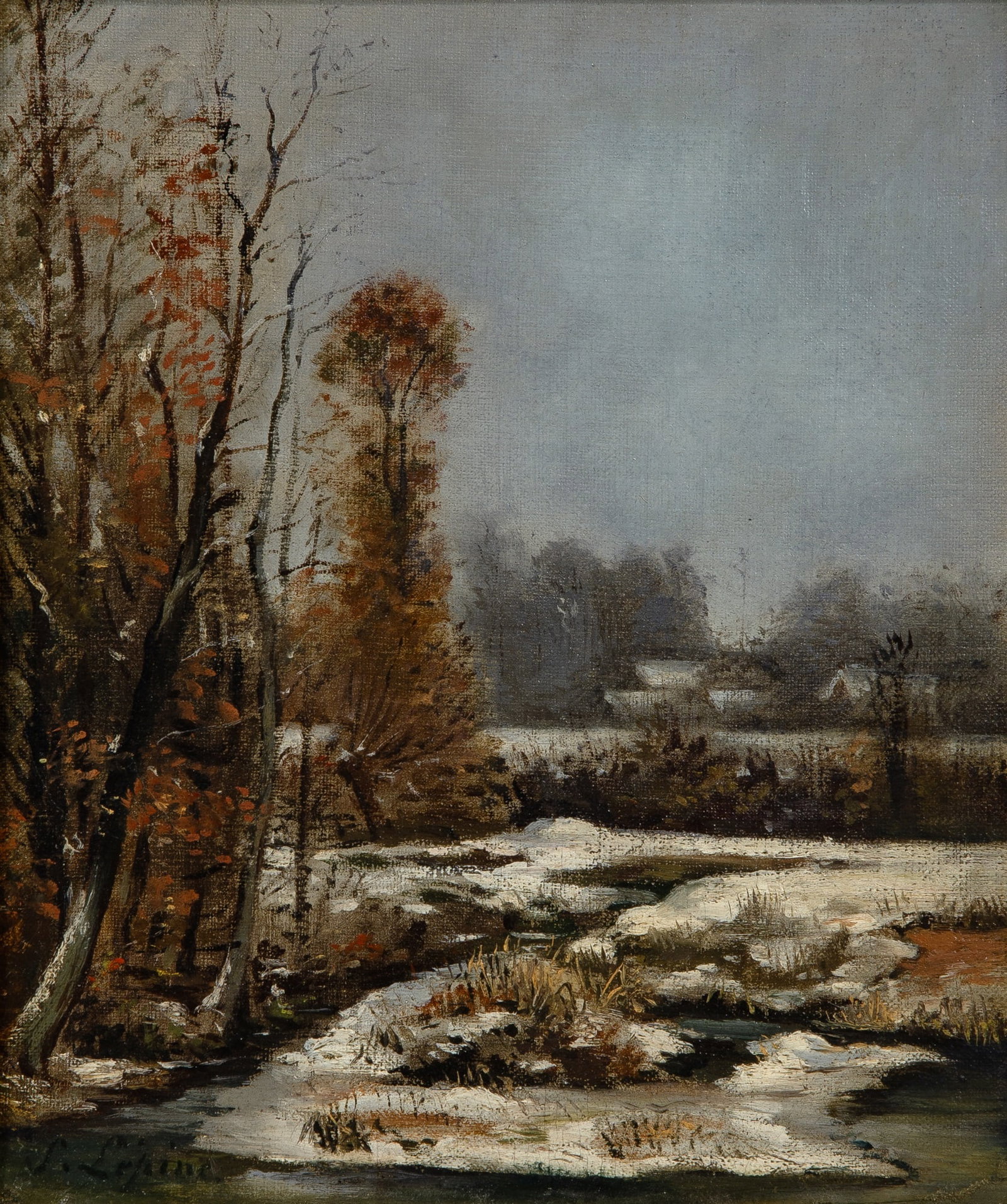 Stanislas Lépine: French, 1835-1892 Winter Landscape Signed S. Lépine (ll) Oil on canvas laid to card 10 1/8 x 8 1/2 (25.7 x 21.6 cm)