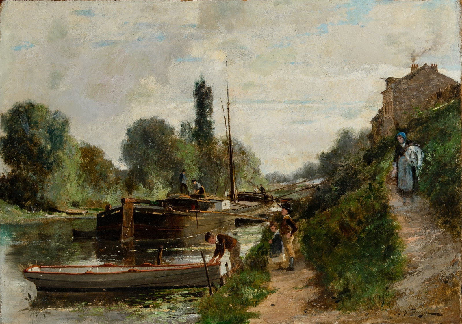 Louis Tauzin: French, 1845-1914 Preparing the Boats by the River Signed Louis Tauzin (lr) Oil on canvas 17 1/4 x 24 1/8 inches (43.8 x 61.2 cm) (Frame 27 1/2 x 34 1/2 inches) Frame rubbing. Inpainting in the sky.