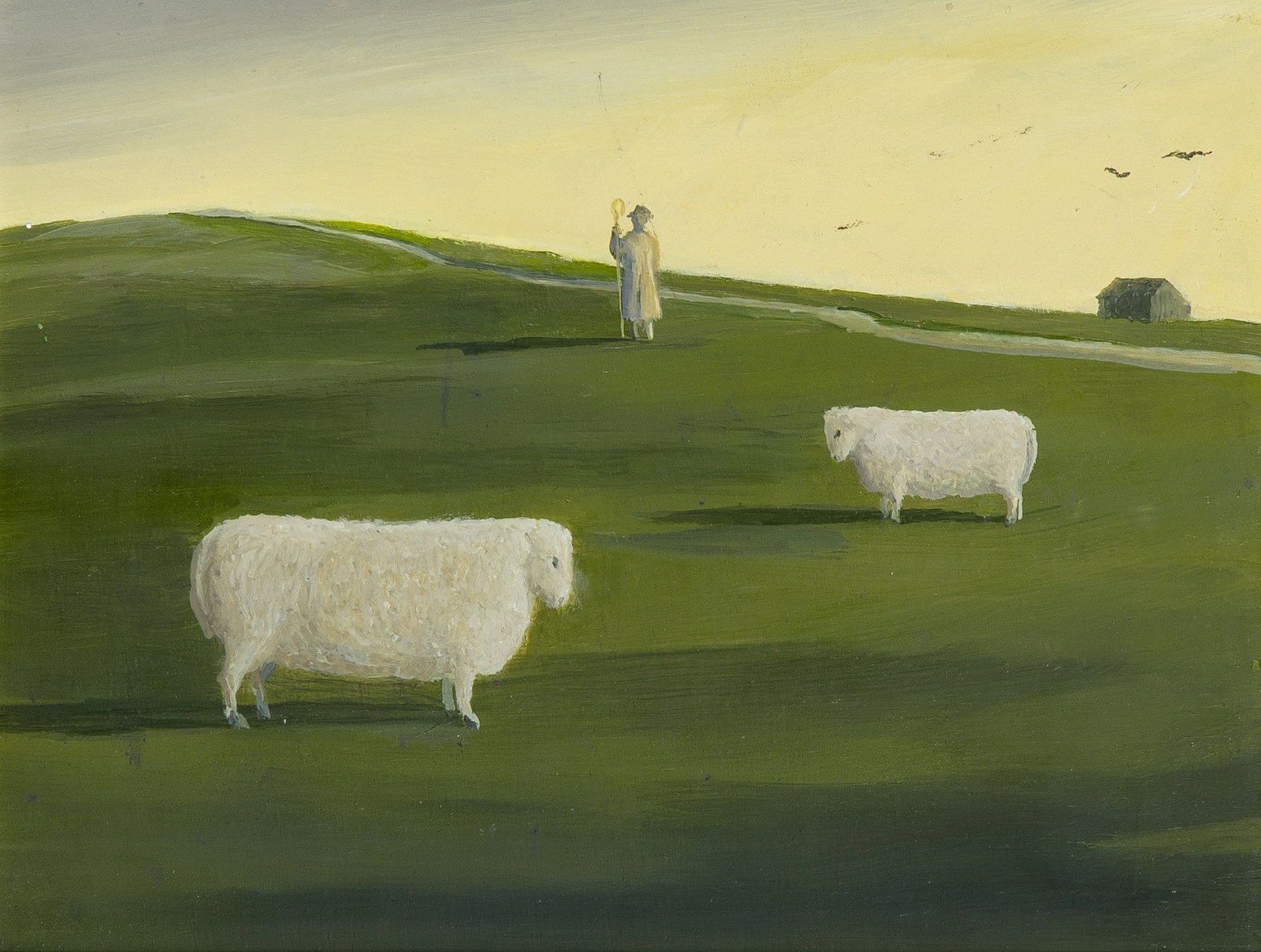 Harold Sterner: American, 1895-1976 Shepard and Sheep Oil on Masonite 7 3/4 x 9 5/8 inches (19.7 x 24.4 cm) (Frame 13 15 1/8 inches) With unfinished sketch on the reverse.