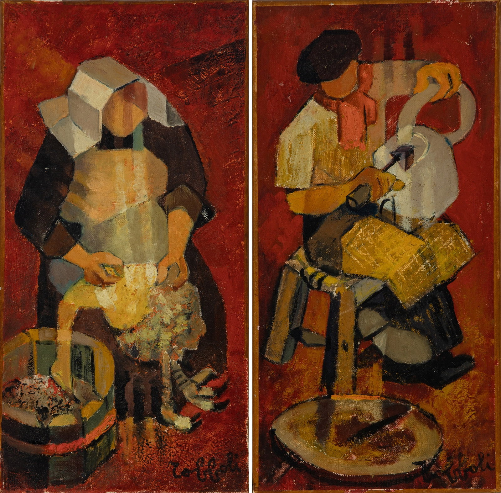 Louis Toffoli: French, 1907-1999 Hard at Work; a pair Both signed Toffoli (lr) Oil on canvas Each 15 1/8 x 7 3/4 inches (38.4 x 19.7 cm) Unframed Small spots of loss to each.
