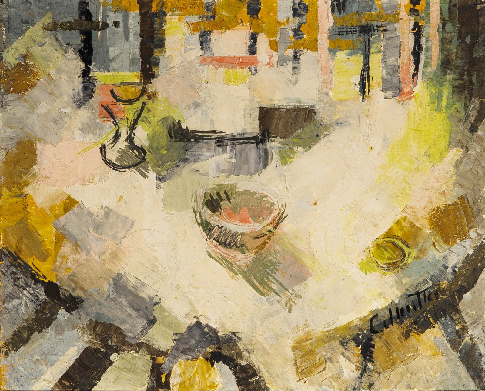 Jean-Marie Calmettes: French, 1918-2007 La table orange, 1959 Signed Calmettes (lr); signed and dated Calmettes 59 on the reverse Oil on canvas 8 3/4 x 10 3/4 inches (22.2 x 27.3 cm) (Frame 17 x 19 inches)