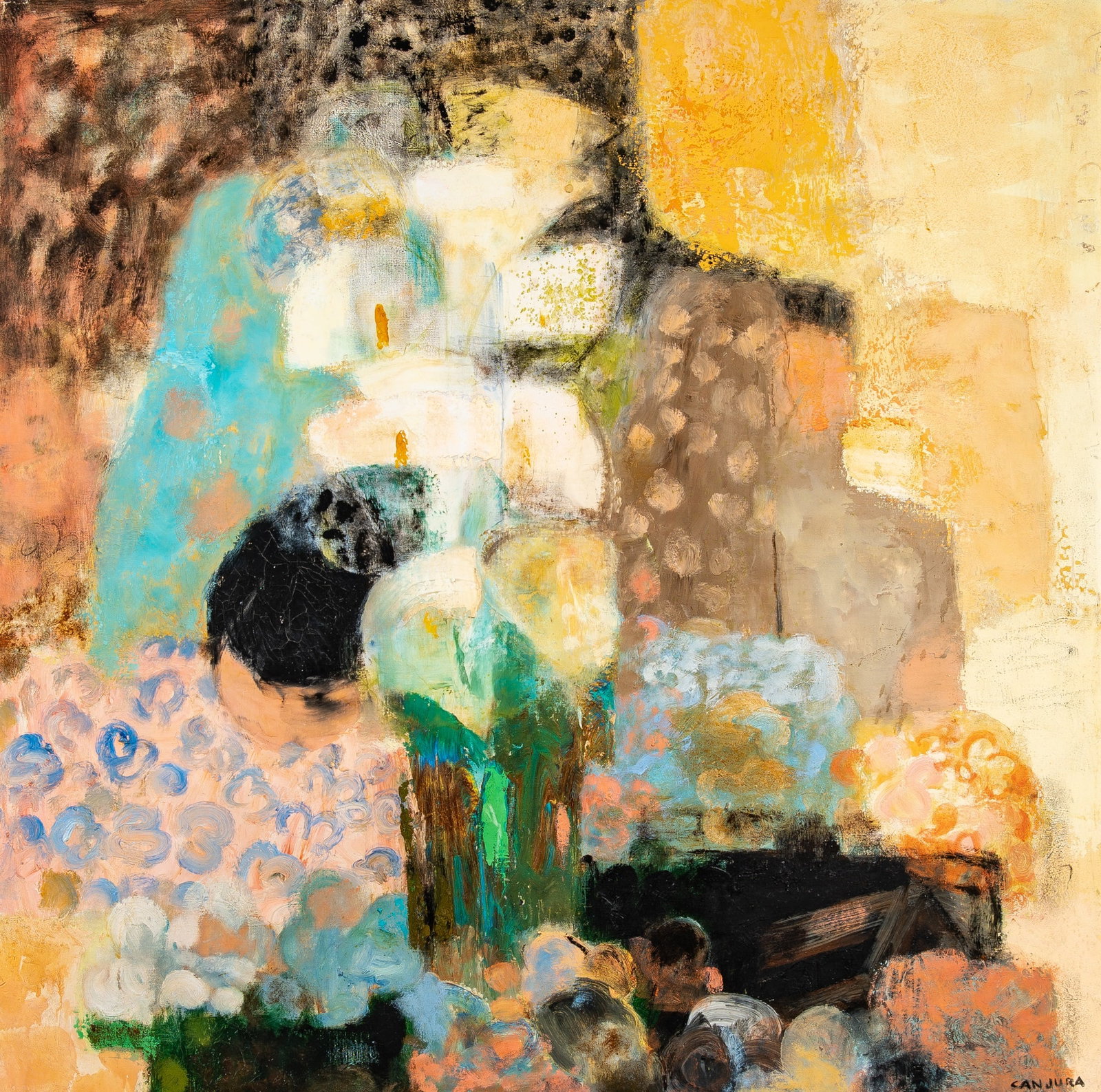 Noe Canjura: French/Salvadoran, 1922-1970 Floralies Mexicaines (also known as Le Présentoire) Signed Canjura (lr); inscribed Floralies Mexicaines / Canjura / -362- on the reverse Oil on canvas 31 1/2