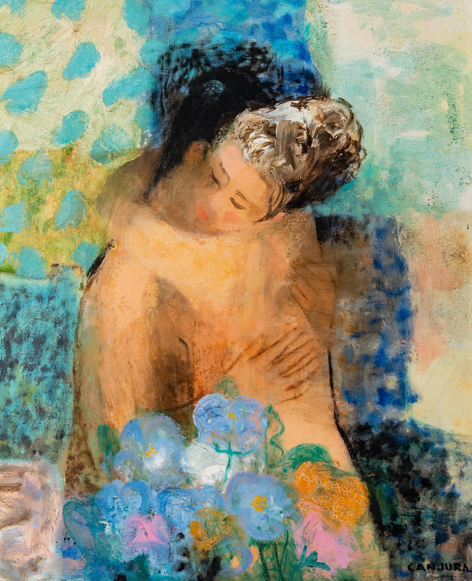 Noe Canjura: French/Salvadoran, 1922-1970 The Embrace Signed Canjura (lr) Oil on canvas 26 x 21 1/2 inches (Frame 32 3/4 x 28 1/4 inches) Some areas of craquelure.