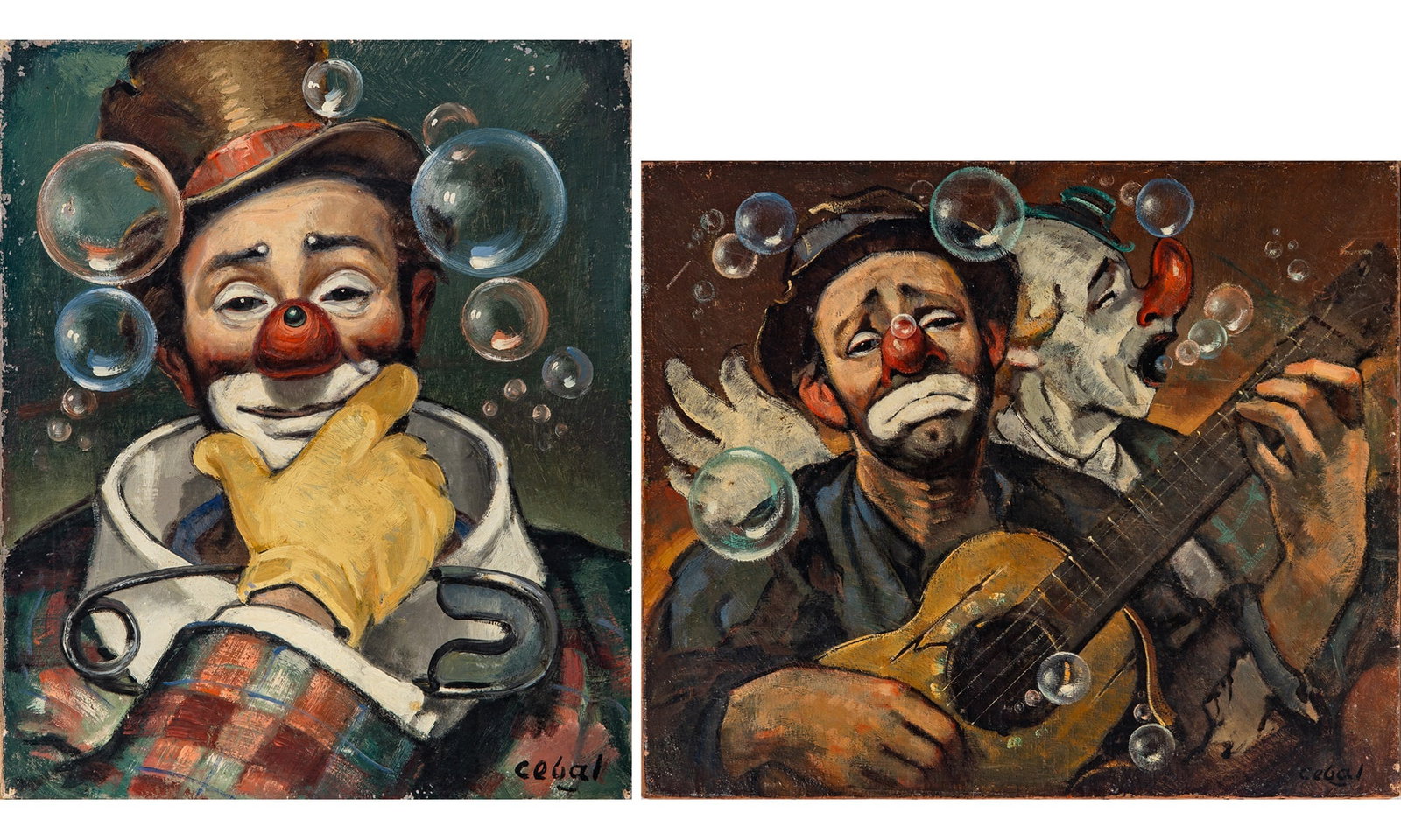 Rufino Ceballos: Spanish, 1907-1970 (i) Melancholic and Musical Clown Signed Cebal (lr) Oil on canvas 18 1/4 x 21 5/8 inches Unframed (ii) Portrait of a Smirking Clown Signed Cebal (lr) Oil on canvas 18 1/8 x 15