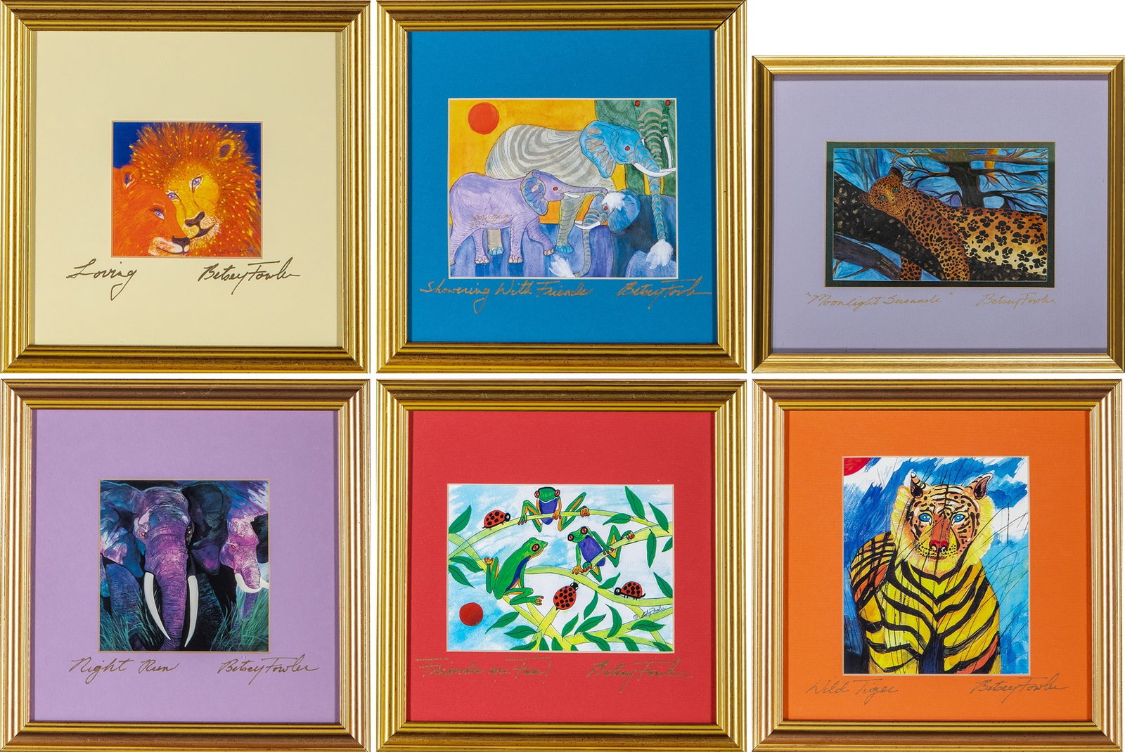 Betsey Fowler: LOVING; SHOWERING WITH FRIENDS; MOONLIGHT SERENADE; NIGHT RUN; FRIENDS ARE FUN; WILD TIGER Six color offset prints, signed and titled in gold ink on the mat, framed. Largest frame 11 3/8 x 13 3/8 inch