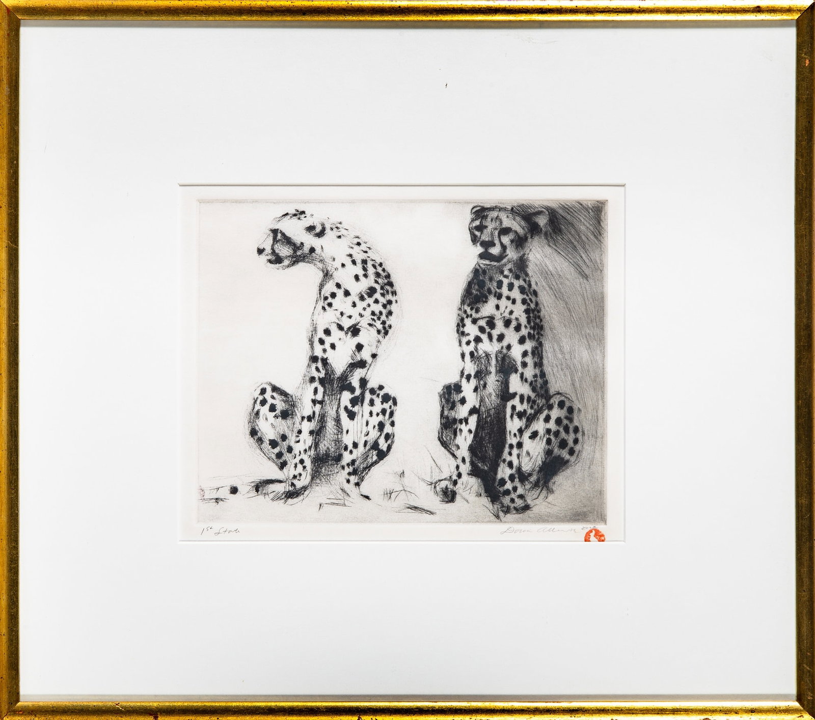 Dorian Allworthy (b. 1955): [CHEETAHS] Drpoint, 2012, on wove paper, signed, dated and inscribed 1st State in pencil, with red inkstamp, with full margins, framed. Plate 7 3/4 x 9 7/8 inches; 19.6 x 25.0 cm Frame 17 3/8 x 19