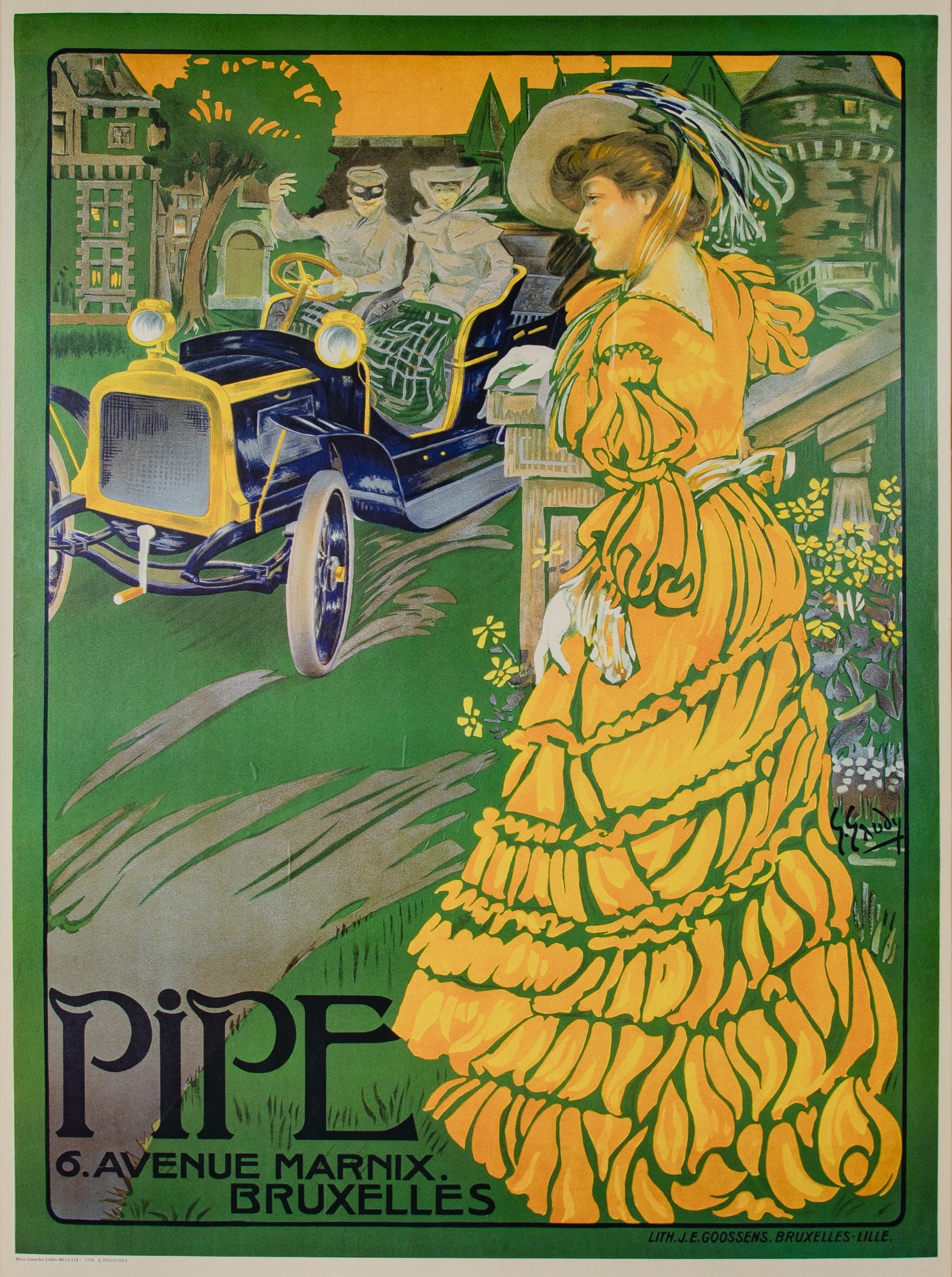 Georges Gaudy (1872-1940): PIPE Color lithograph, circa 1900, laid on foamcore, printed by J.E. Goosens, Bruxelles, framed. Image 50 1/8 x 37 1/4 inches; 127.3 x 94.6 cm Sheet 52 3/4 x 39 1/4 inches; 133.9 x 99.6 cm Frame 56