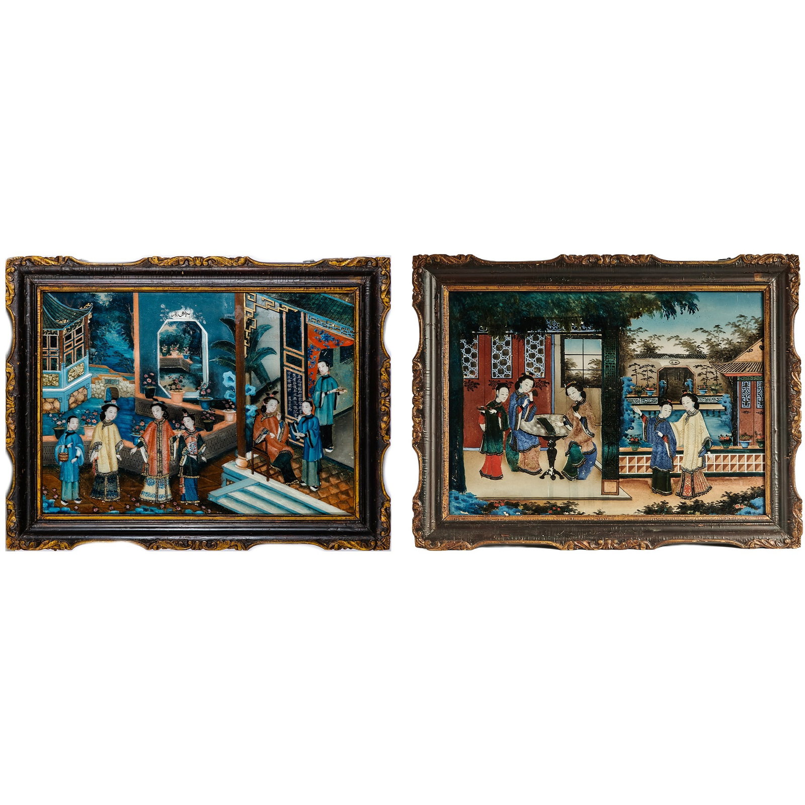 Pair of Chinese Reverse Glass Paintings 19th Century: Each painted to show a gathering of noblewomen in an architectural setting. Sight length 22 1/2 inches