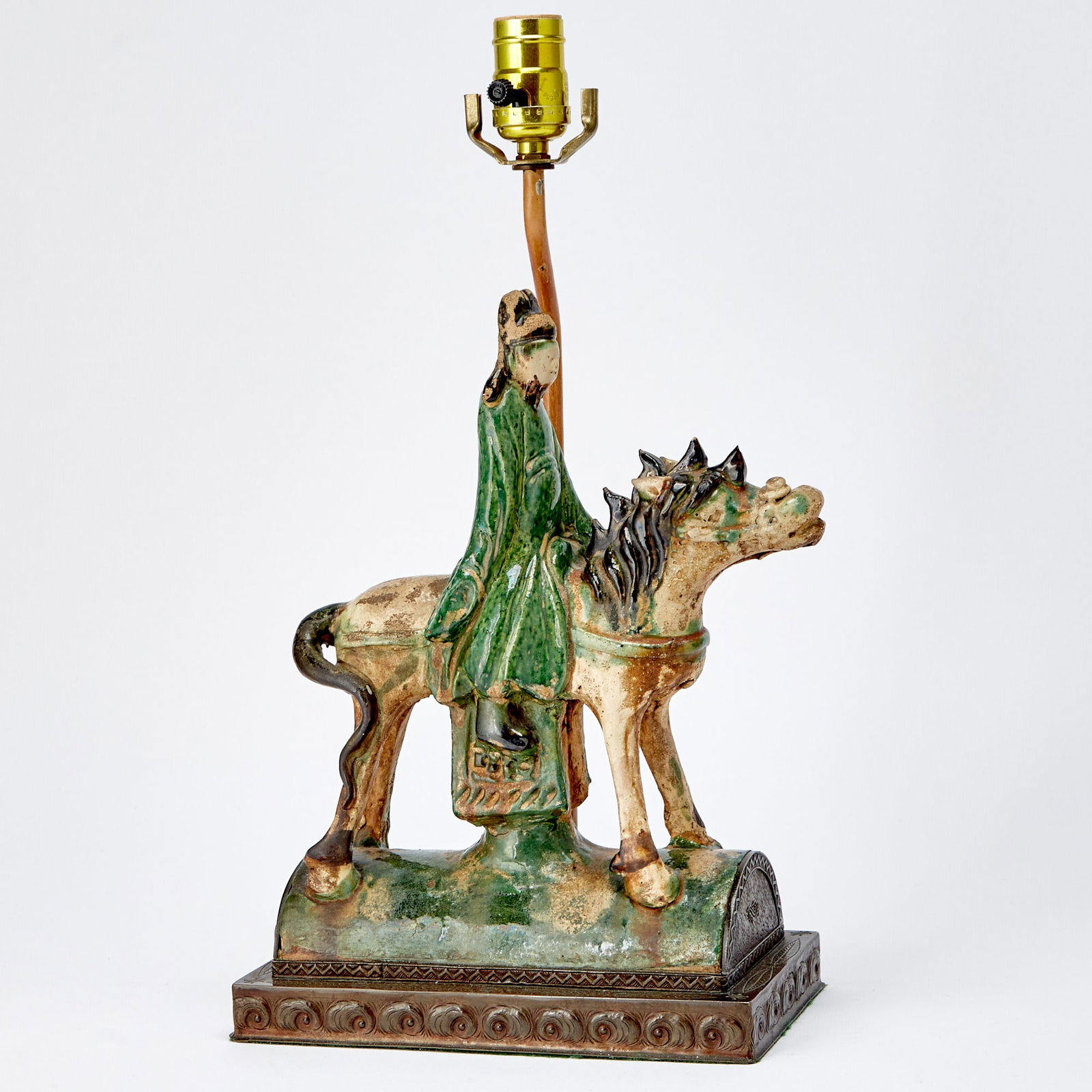 Chinese Glazed Pottery Roof Tile: Likely Qing Dynasty Molded and glazed to depict an equestrian figure in green official robe; as lamp. lampshade included. Height 12 inches. Visible crack encircling the neck (see photos).