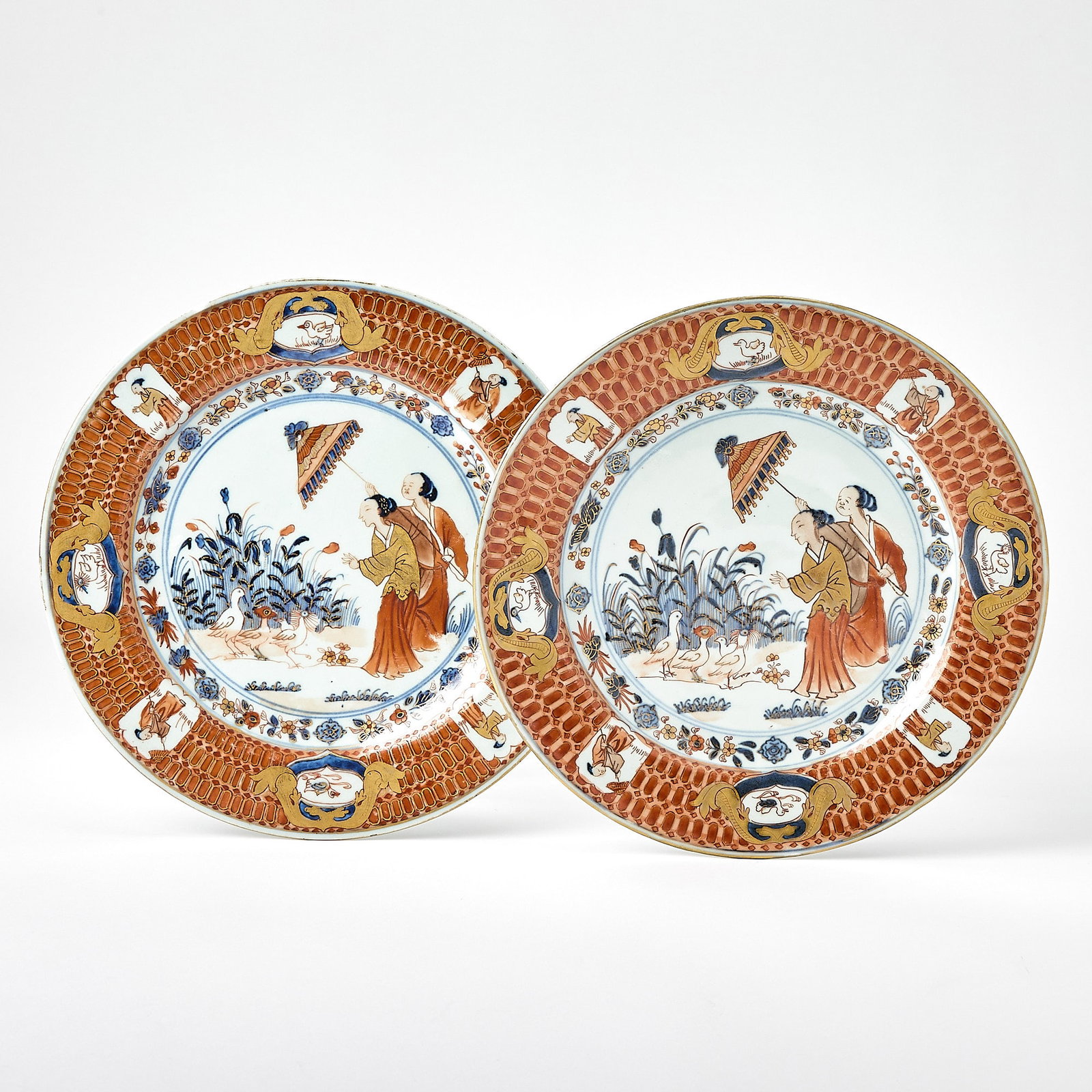 Two Chinese Export Porcelain Pronk 'La Dame au Parasol' Plates (1 of 3)