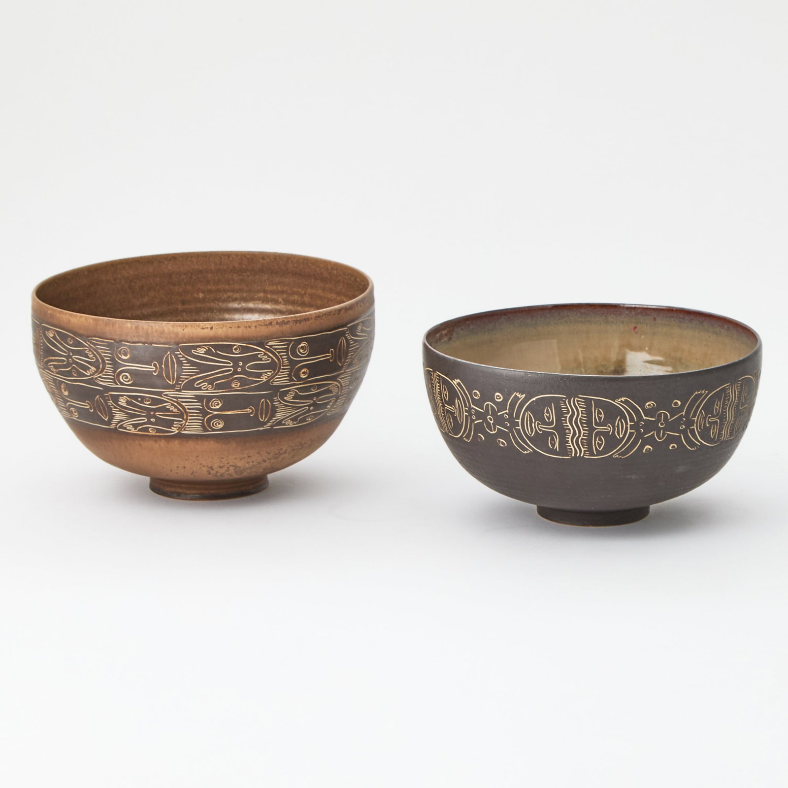 Two Edwin and Mary Scheier Ceramic Bowls: Height of taller 5 1/4 inches, diameter 8 1/2 inches. smaller bowl repaired