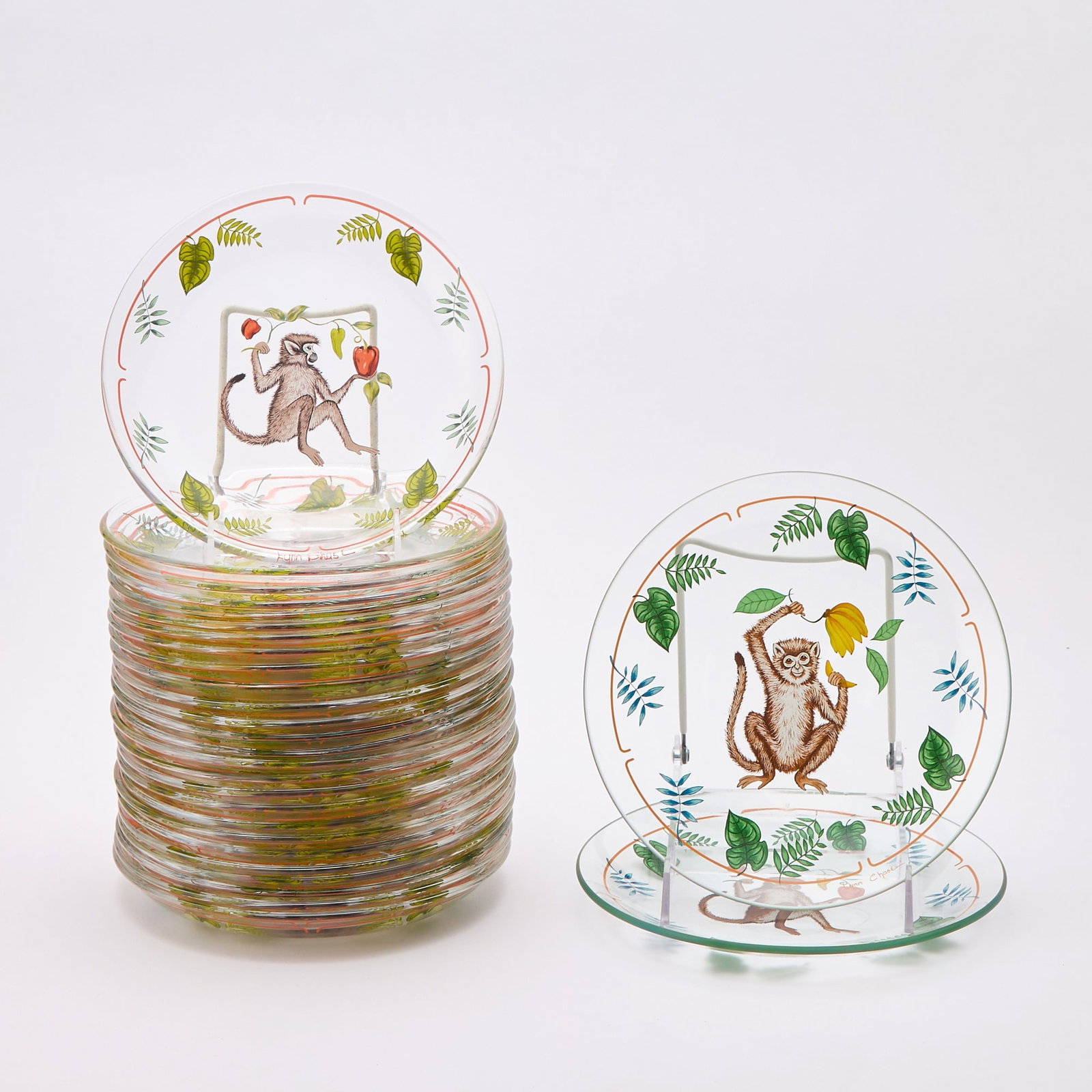 Set of Twenty-Eight Lynn Chase "Monkey Business" Enameled Glass Dessert Plates (1 of 4)