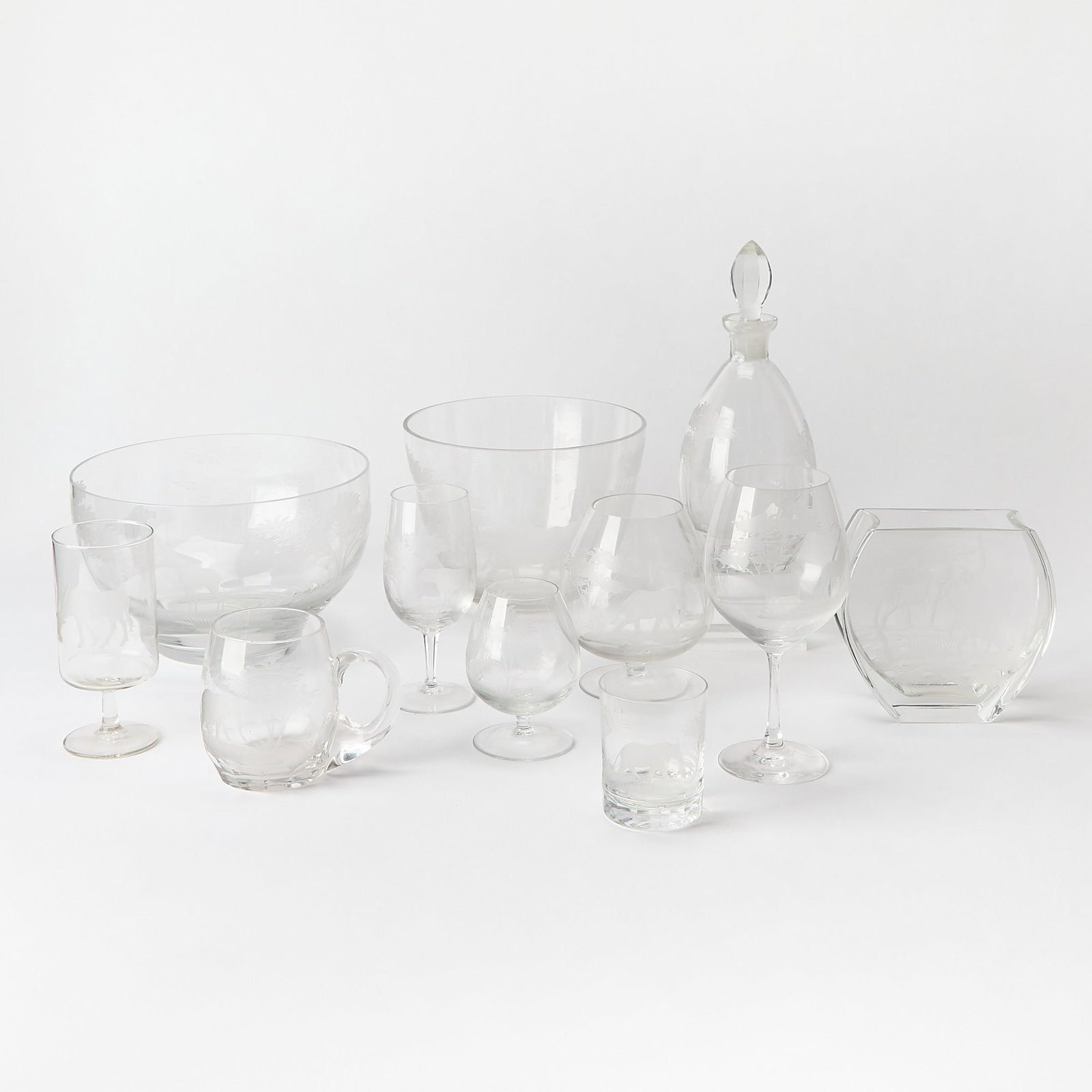 Assembled Group of Wheel-Engraved Blown Glass Jungle-Themed Barware (1 of 11)