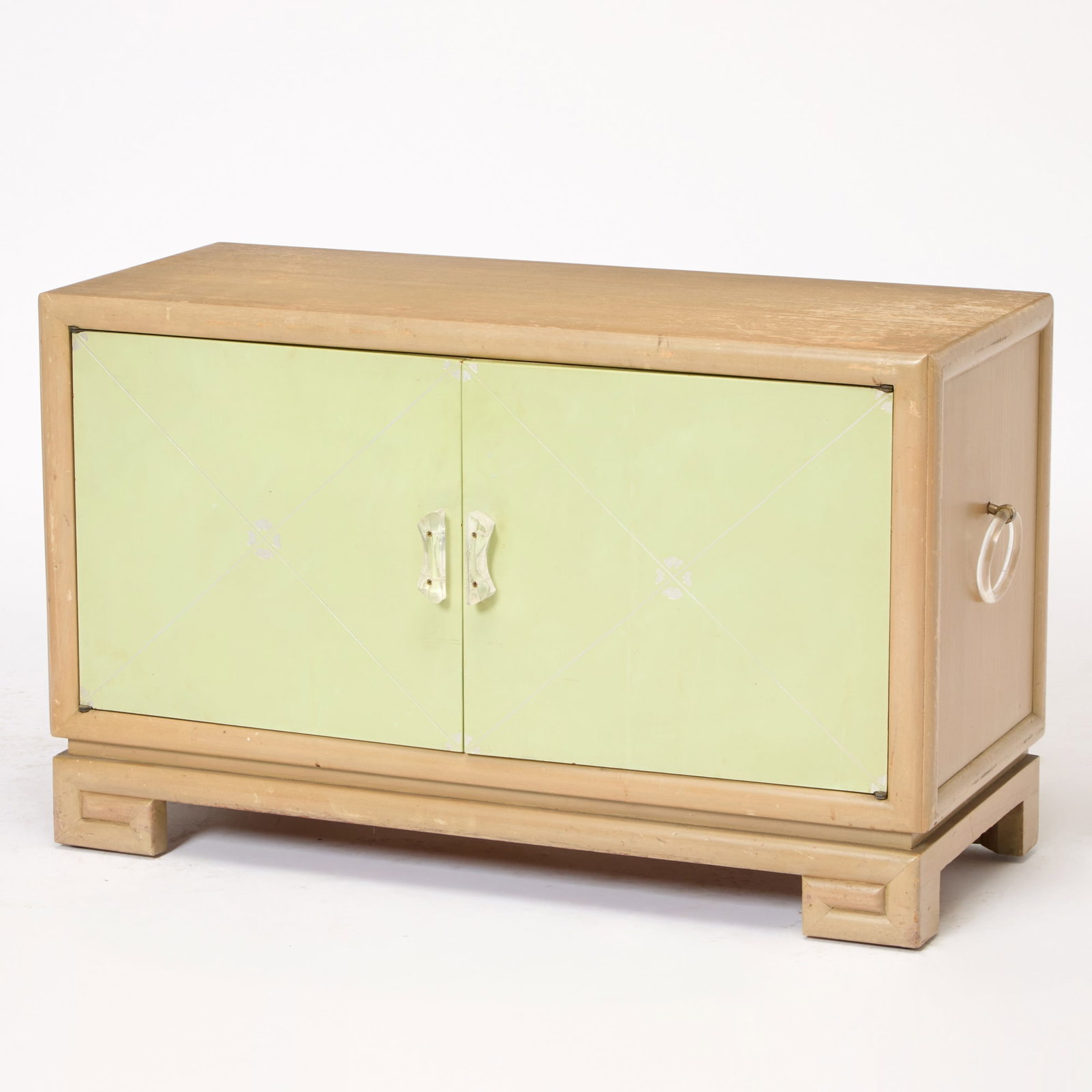 Grosfeld House Oak and Leather Side Cabinet: 1940s Height 23 1/2 inches, width 38 inches, depth 16 inches. scrapes and paint losses