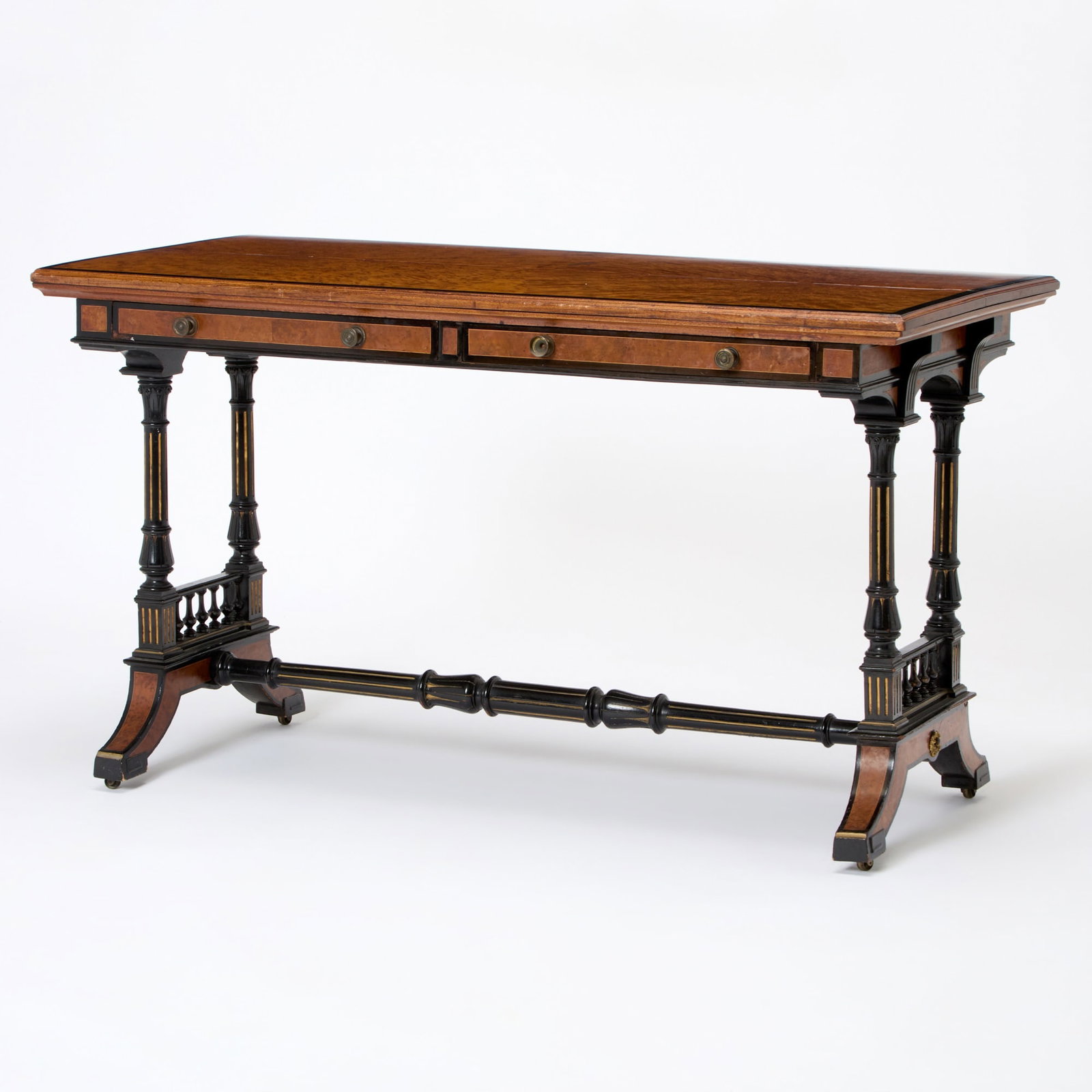Victorian Part Ebonized and Gilt Amboyna Writing Table (1 of 8)