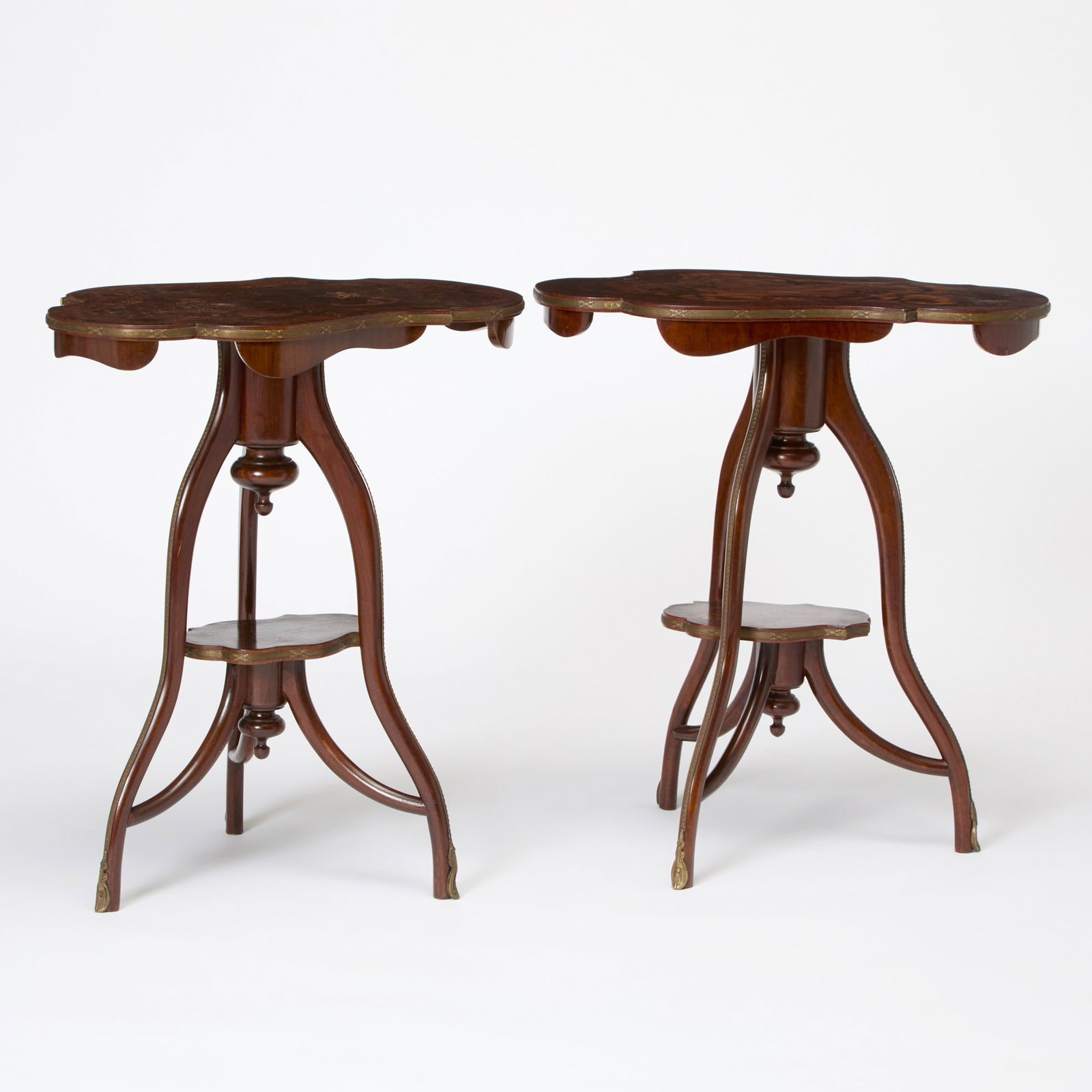 Pair of Italian Bronze Mounted Marquetry Inlaid Side Tables: Early 20th Century Height 29 inches, width 26 inches, depth 16 inches damaged veneer on tops