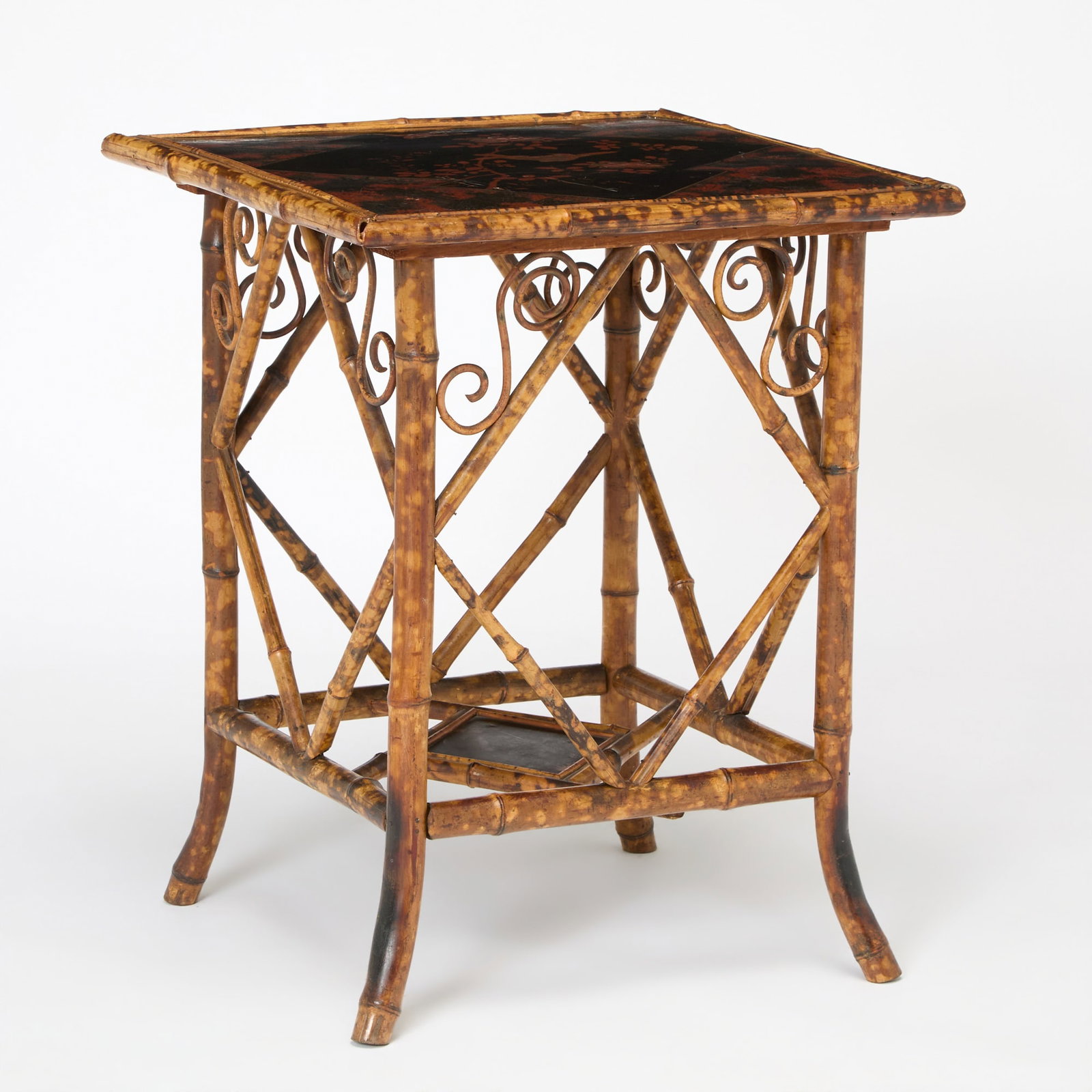 Victorian Aesthetic Movement Japanned Bamboo Table: Circa 1880 Height 29 inches, width 23 inches, depth 23 inches shrinkage at corners, loose frame