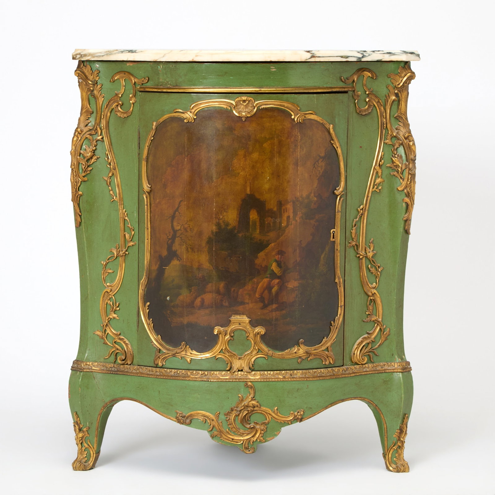 Louis XV Style Bronze Mounted Marble Top Painted Corner Cabinet (1 of 5)