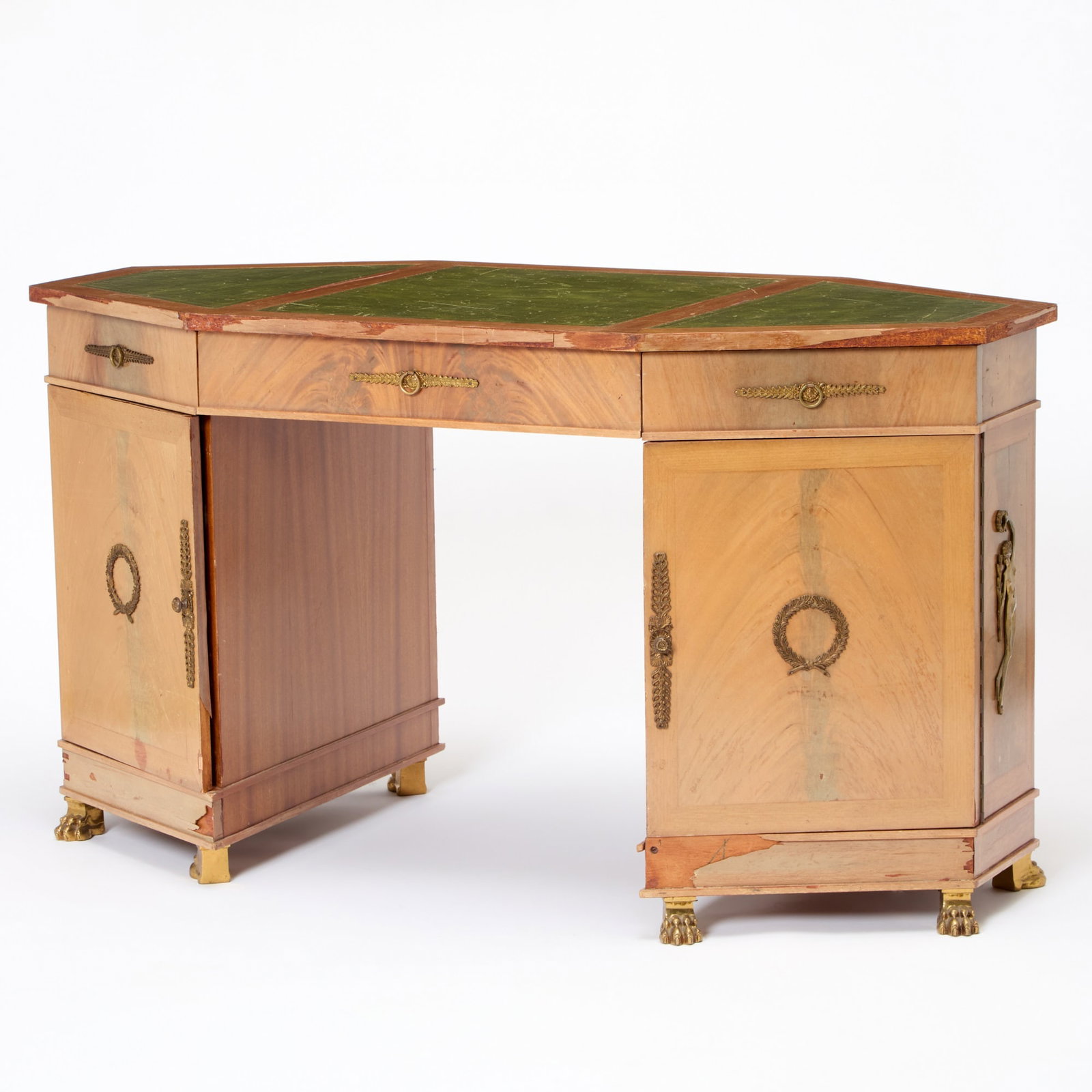 French Empire Style Octagonal Bronze Mounted Mahogany Desk: Mid 20th century With green leather inset top. Height 29 inches, width 52 inches, depth 26 inches. damaged molding, very faded finish, missing some veneer and molding