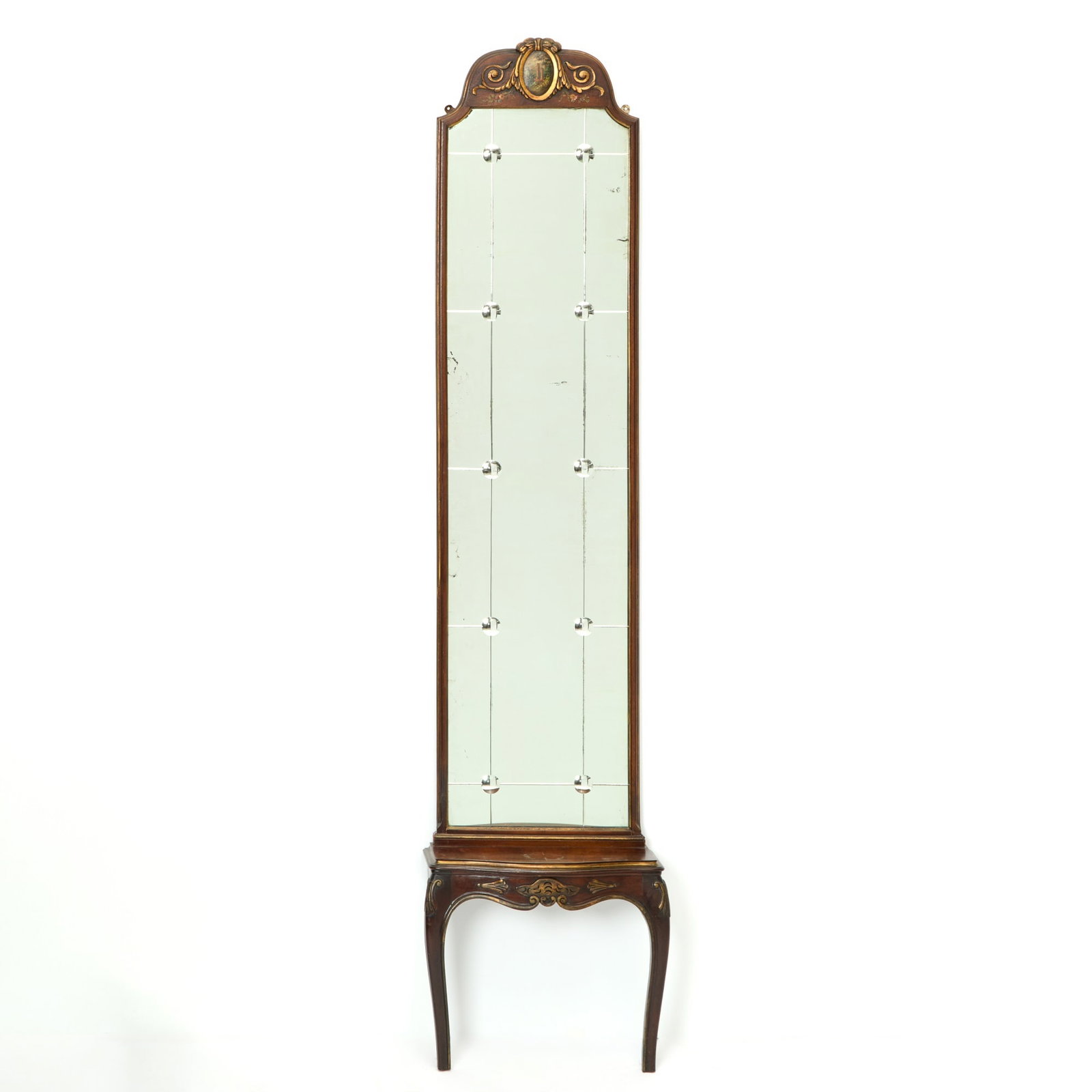 Victorian Parcel-Gilt Mahogany Pier Mirror: Late 19th century with painted oval insert and floral decoration. Height 87 inches, width 20 inches, depth 9 inches.