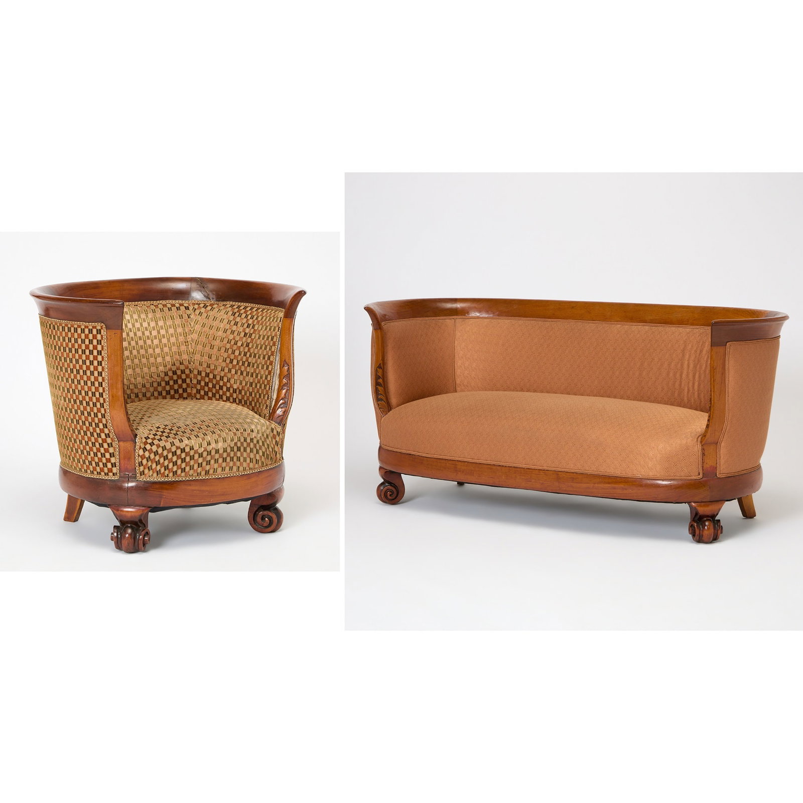 Art Deco Upholstered and Carved Walnut Sofa: Together with a matching Bergere, Circa 1920 sofa height 32 inches, width 70 inches, depth 30 inches, seat height 17 inches, chair height 32 inches, width 36 inches, depth 30 inches, seat height 16
