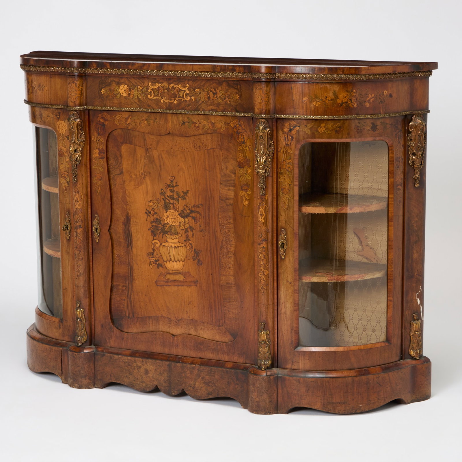 Victorian Bronze Mounted and Marquetry Inlaid Walnut Side Cabinet: Circa 1880 Height 42 inches, width 60 inches, depth 16 3/4 inches