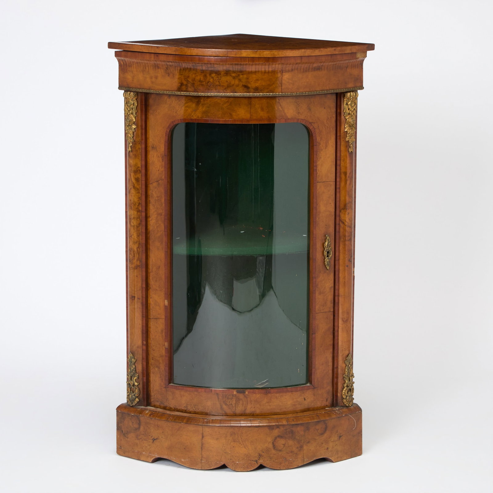 Victorian Bronze Mounted Inlaid Walnut Corner Cabinet: Circa 1880, labelled in the drawer "MESSERS DRUCE & CO." a London, England antiques dealer and manufacturer. Height 43 inches, width inches, depth 17 inches