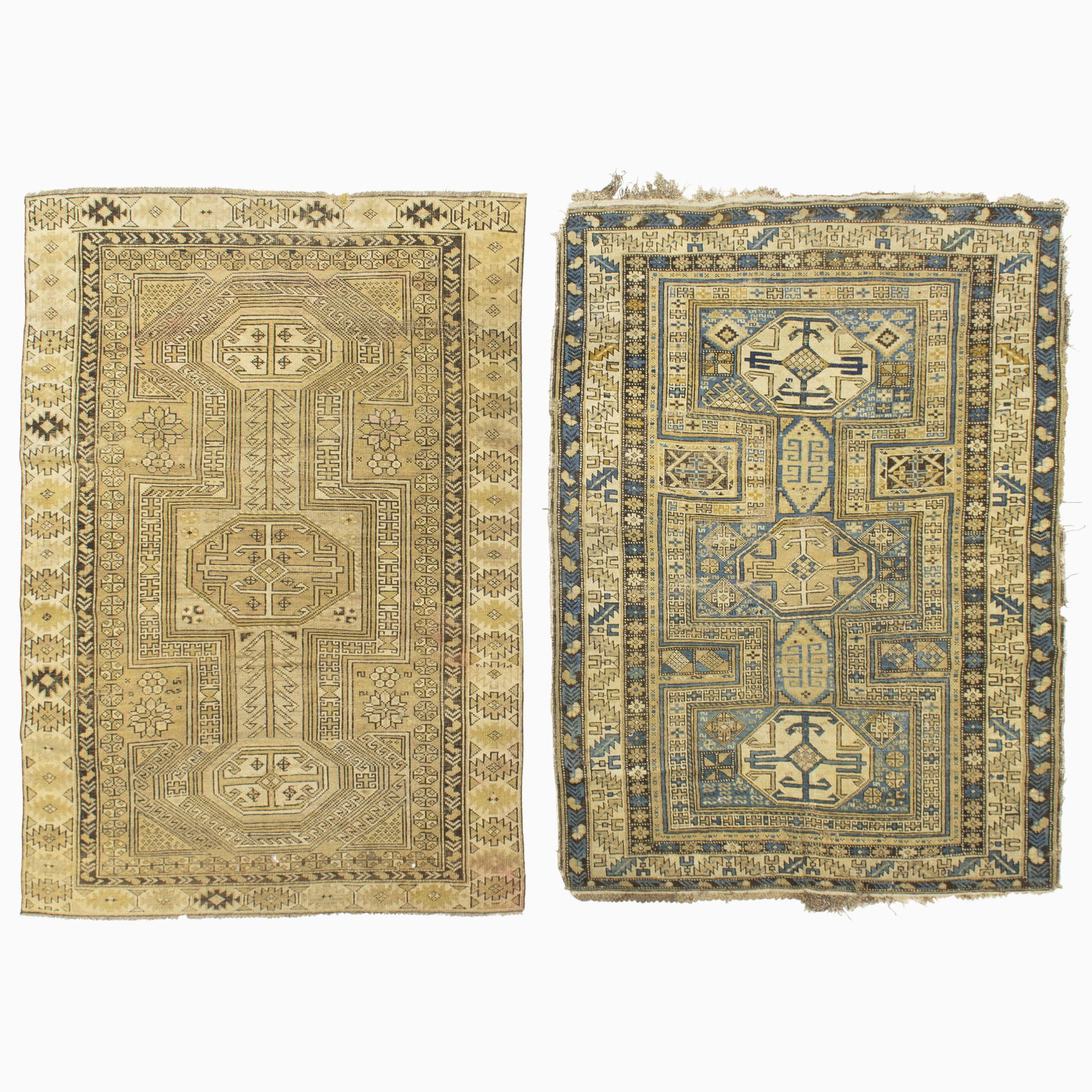 Two Kuba Rugs: Northeast Caucasus, Early 20th Century Each with three interconnected octagonal medallions. (5' 0" x 3' 6" and 5' 0" x 3 '4" respectively) Wider example - areas of wear, fraying to edges Narrower