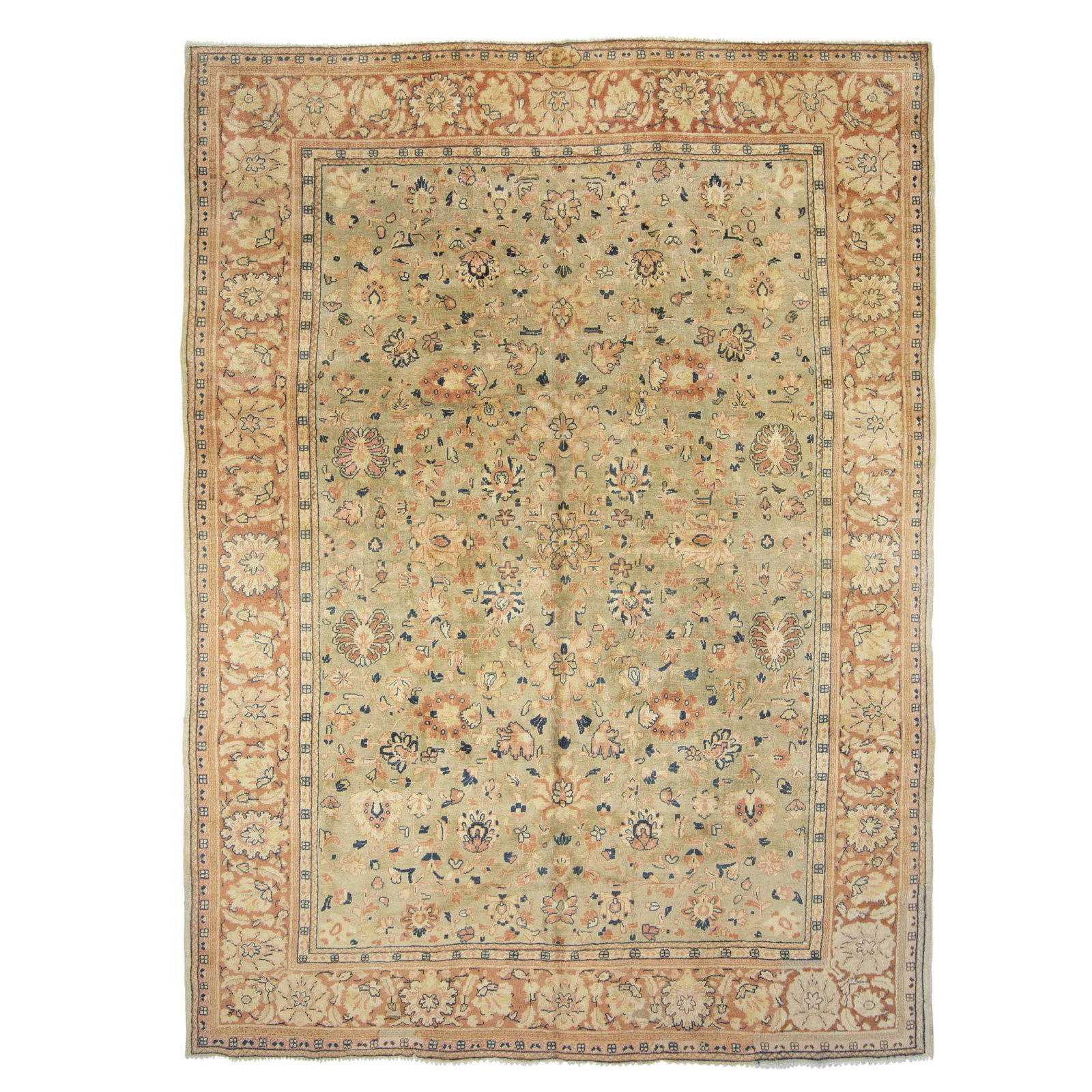 Mahal Carpet: Central Persia, 2nd 1/4 20th Century The taupe field with polychrome floral vinery overall is within a rust palmette and vine border. Signed. (11' 11" x 8' 6") Chemically washed, restored corner area,