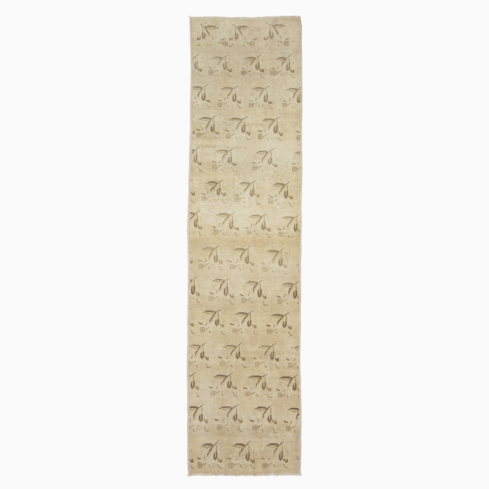 Oushak Runner: West Turkey, Mid-20th Century The overall ascending pattern of sprays is on a buff field. (10' 3" x 2' 8") Chemically washed