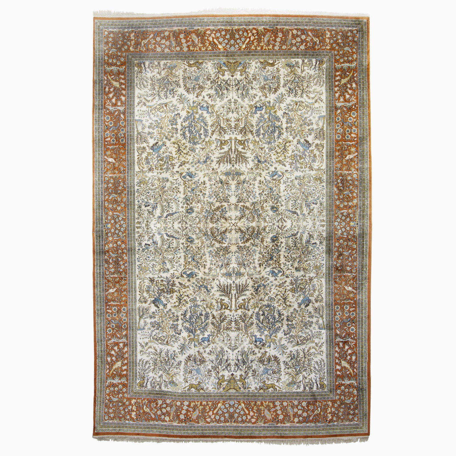 Kashmir Silk Carpet: India/Pakistan, contemporary The ivory field with an overall pattern of animals and birds amongst sprays is within a russet main border. 324 kpsi. (12' 9" x 8' 4") Wear to perimeter