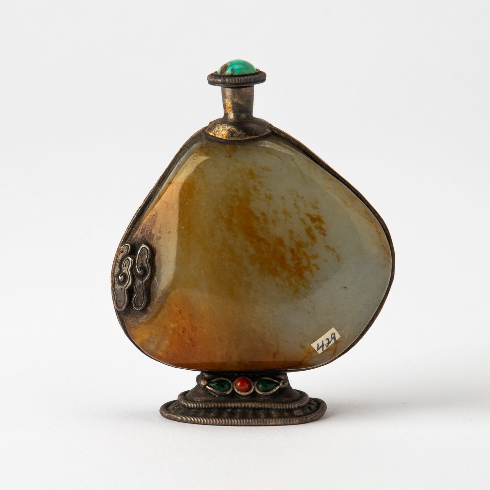 A Chinese Silver-Mounted Pebble Jade Snuff Bottle 19th Century