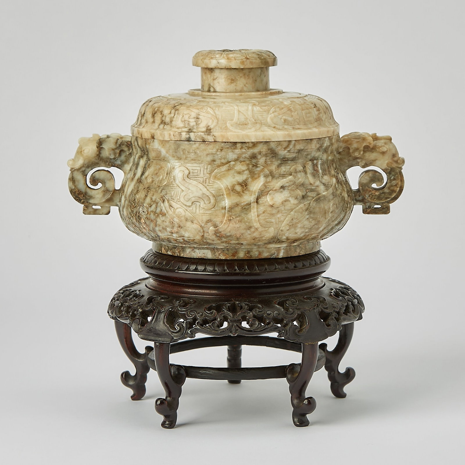 A Chinese Mottled Jade Archaistic Gui-Form Censer and Cover Ming Dynasty (1 of 5)