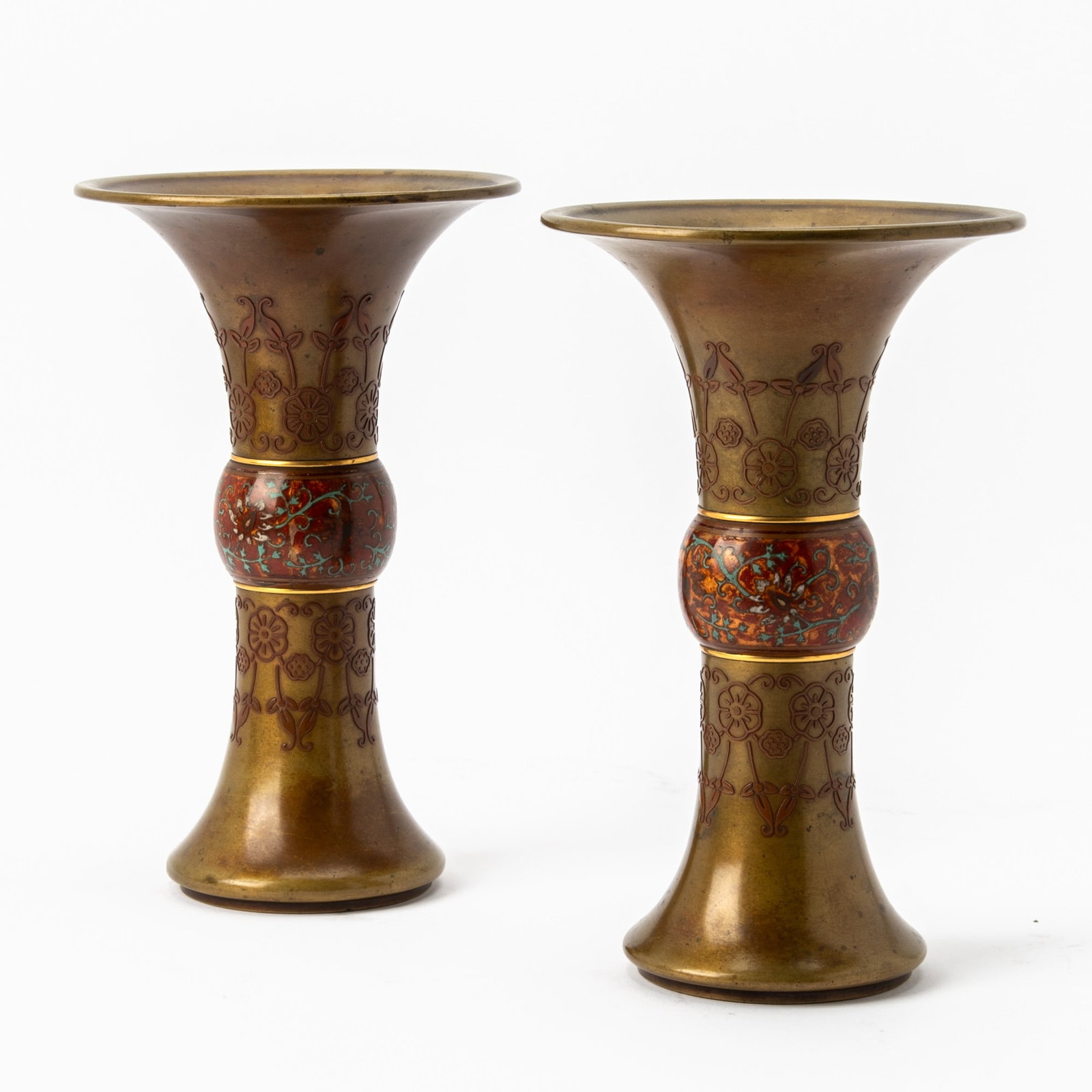An Unusual Pair of Chinese Cloisonné Enamel and Bronze Vases 19th-20th Century (1 of 4)