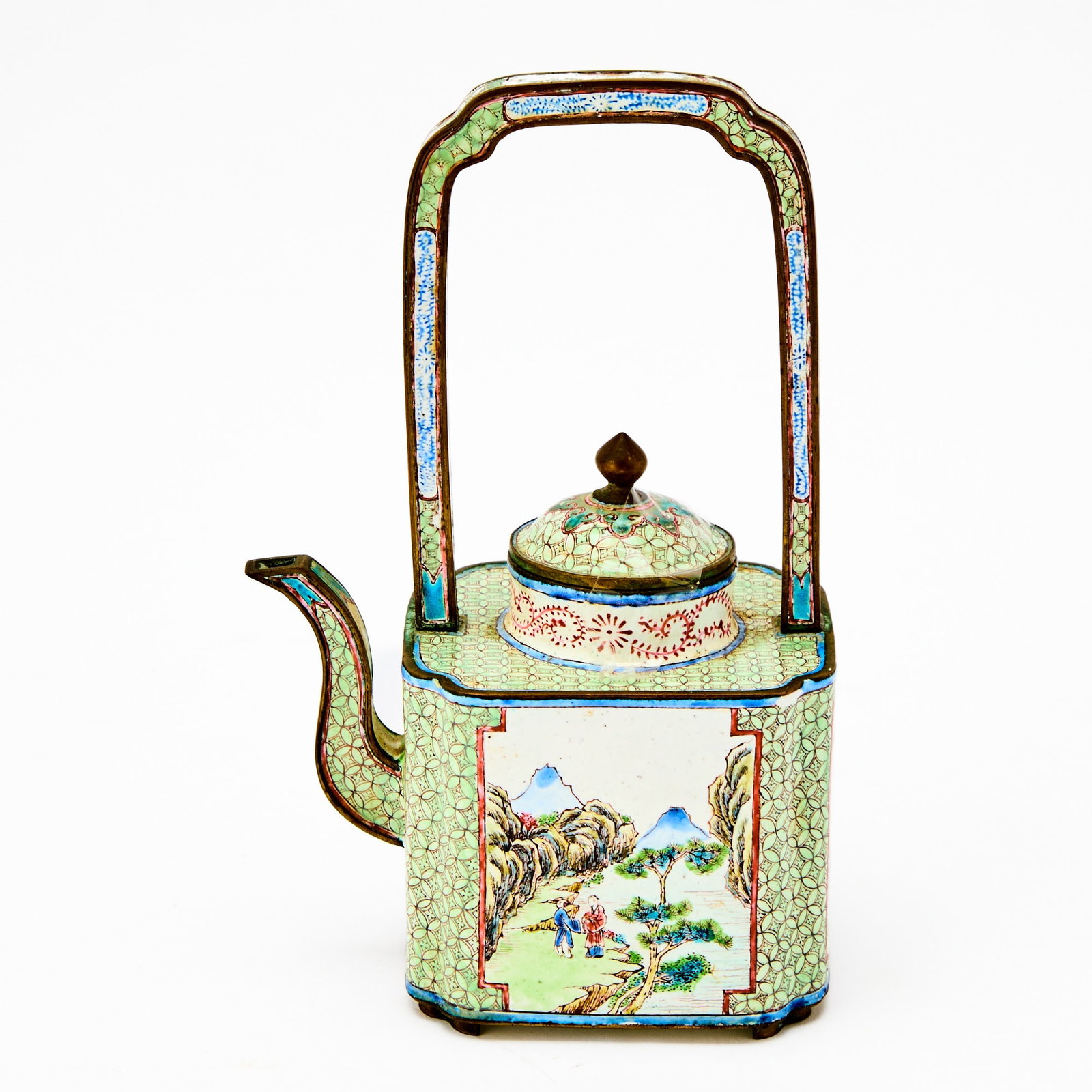 A Chinese Canton Enamel Teapot 18th century: Of square section with canted corners, the sides decorated with landscape panels. (Height 7 inches)