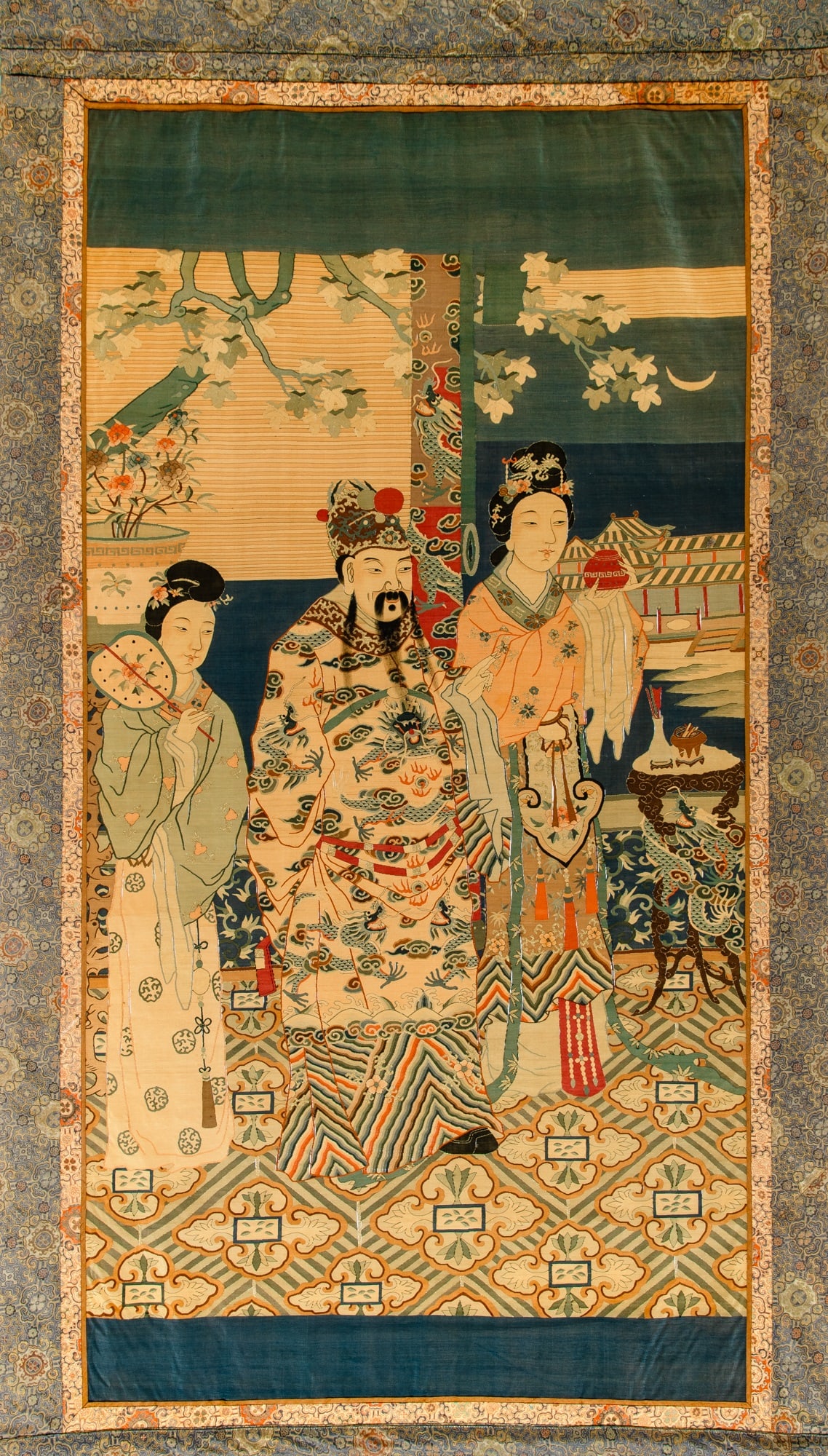 A Large Chinese Kesi Silk Panel Qing Dynasty: The double-sided tapestry depicting Concubine Yang and Emperor Tang Minghuang in an architectural setting. (Sight 61 x 30 3/4 inches)