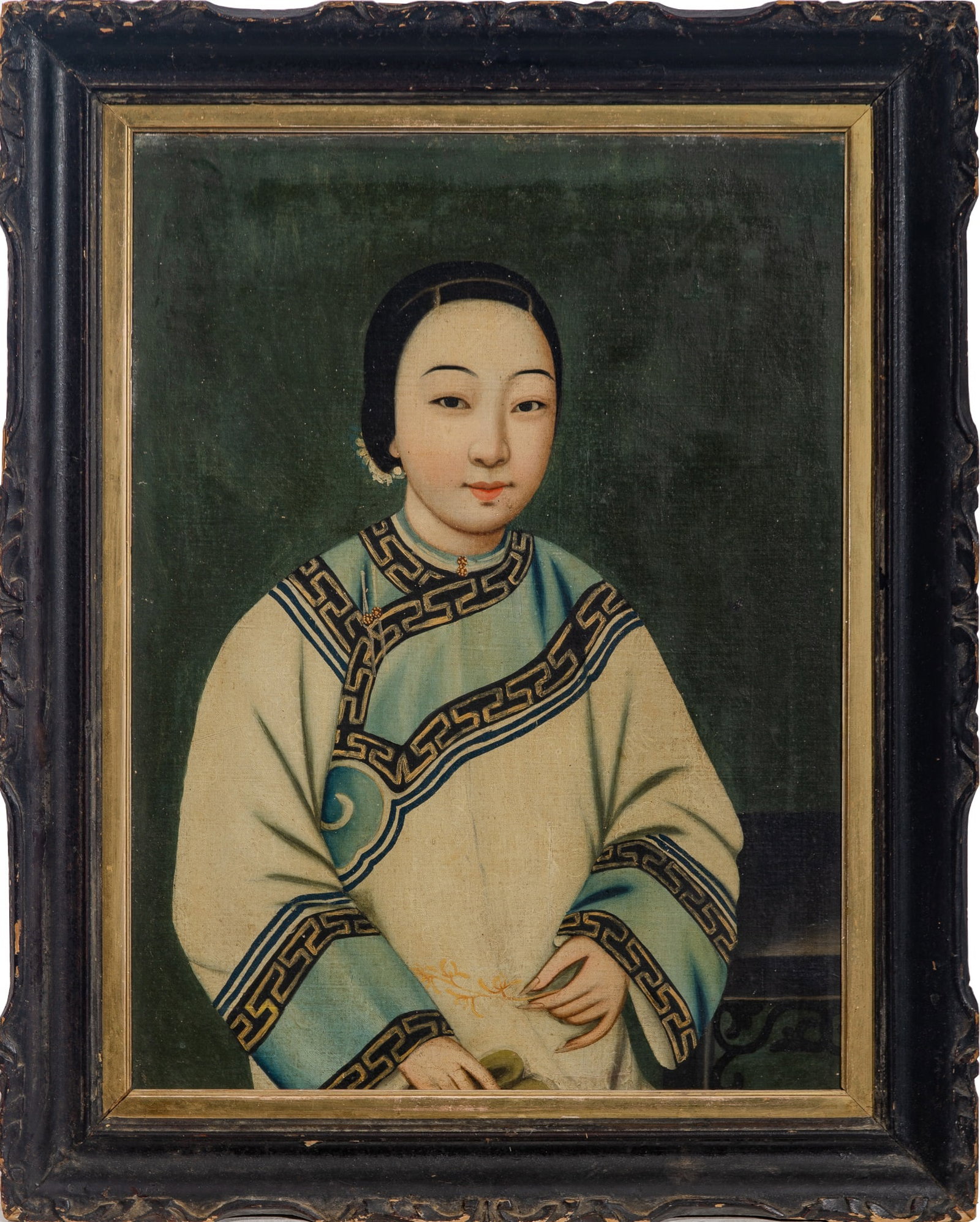 A China Trade Painting 19th Century: Oil on canvas; depicting an elegant young lady. (Sight 27 1/2 x 22 1/4 inches)