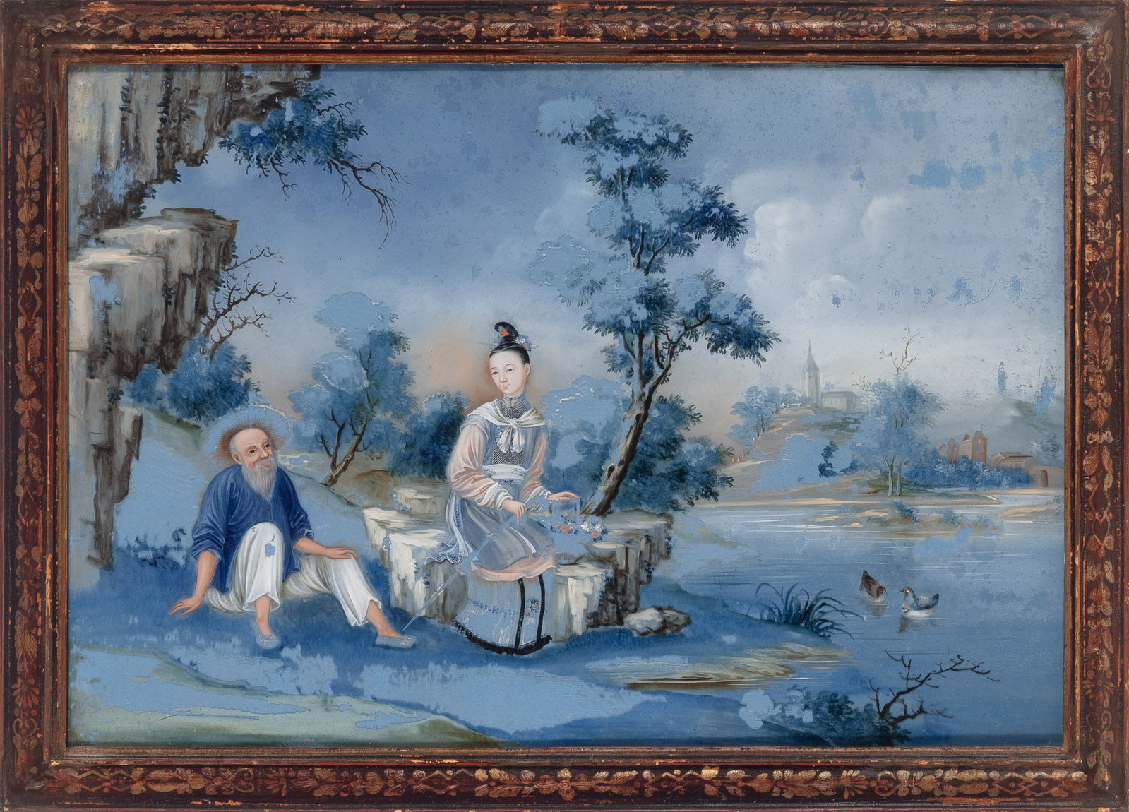 A Chinese Export Reverse Glass Painting 18th Century: Depicting a youthful beauty and an elder in a lakeside landscape. (Sight 10 3/4 x 16 inches) Signs of age and paint degradation in certain areas (see photos).