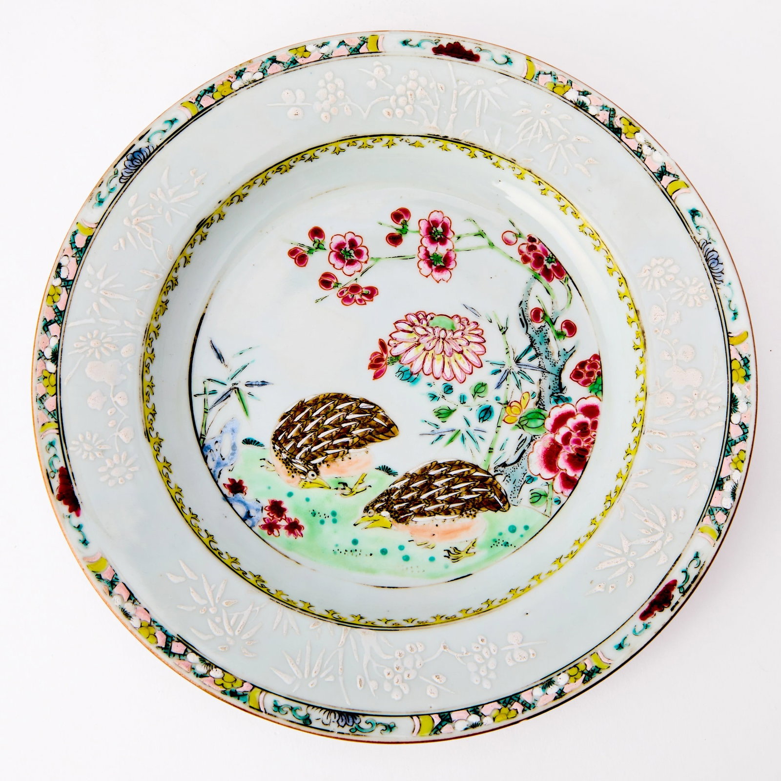 A Chinese Slip-Decorated Famille Rose Porcelain 'Quails' Dish 18th Century (1 of 4)