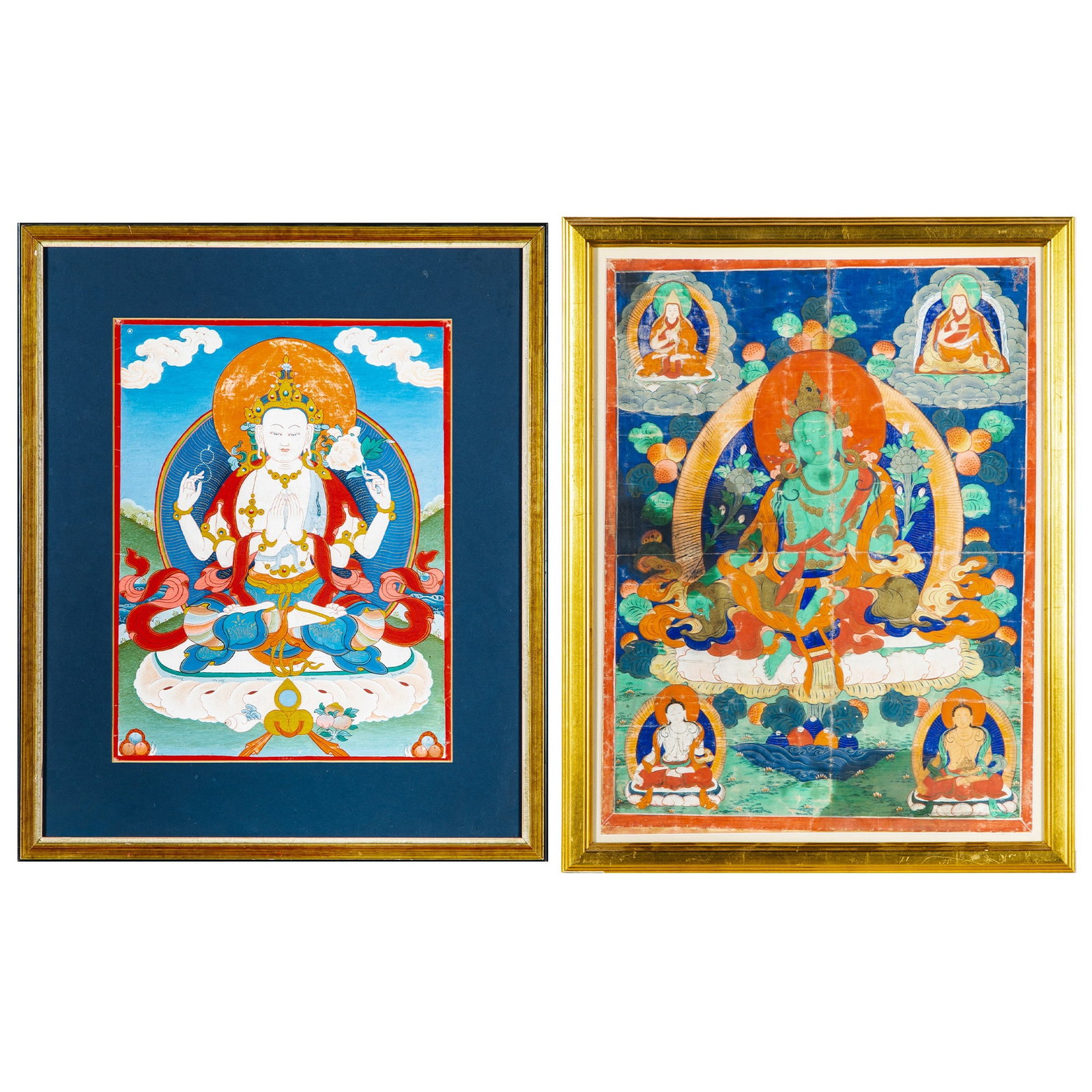 Two Tibetan Thangka 18th-19th Century: Distemper on cloth; depicting Green Tara and Avalokiteshvara, respectively; framed. (Sight of largest 15 x 11 1/4 inches)